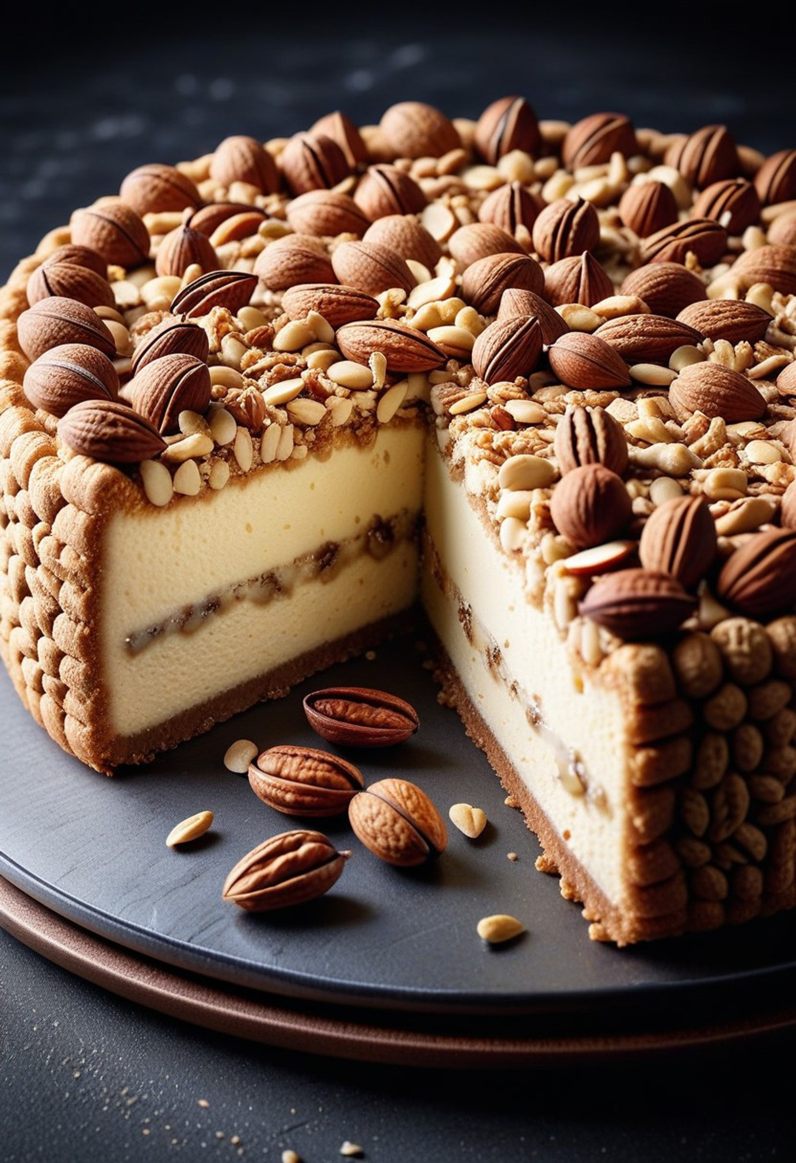 nutstylesnut, a delicious cheesecake completely made from textured nuts, the cake base is crushed almonds, the creamy filling is smooth cashew cream, decorated with whole walnuts and pecans on top, nut world morph style, cinematic lighting, hyper-detailed texture, food photography, macro shot, appetizing look