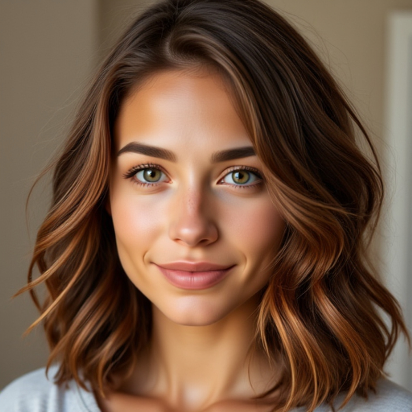 luna_valdes, 1girl, woman, portrait, realistic, natural light, wavy hair, brown hair, green eyes, olive skin, solo