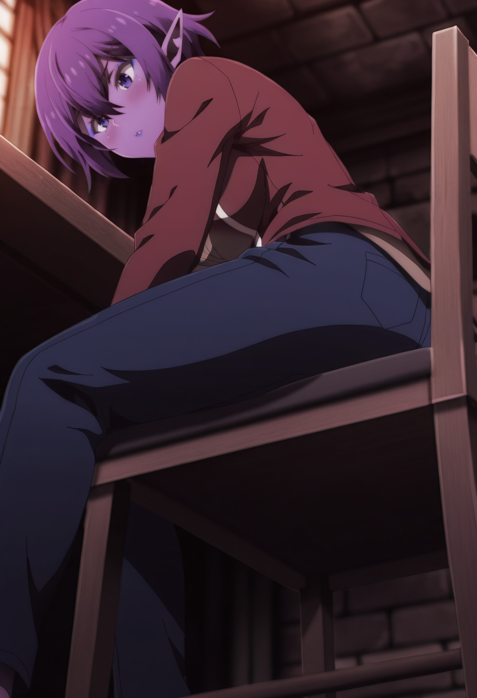    masterpiece, best quality, amazing quality, anime_screencap, Pouty lips, eyes full of affection, slight blush, MGNRouche, purple_hair, pointy_ears, short_hair, hair_between_eyes, purple_eyes, elf, makeup, purple_lips, colored_skin,  solo, red jacket, brown shirt, blue pants,  sitting, on chair, from behind, low-angle view, <segment:girl's face,0.55,0.2//cid=11> Pouty lips, eyes full of affection, slight blush, MGNRouche, purple_hair, pointy_ears, short_hair, hair_between_eyes, purple_eyes, elf, makeup, purple_lips, colored_skin, 