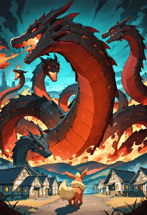 1hydra, giant hydra creature, towering over a small rural village, breathing fire, instead of normal hydra heads each of its heads is a Flareon head, 7 headed hydra with Flareon heads, breathing fire on village huts

masterpiece, best quality, amazing quality, masterwork, cinematic light, harsh shadows, light and shadows, perfect composition