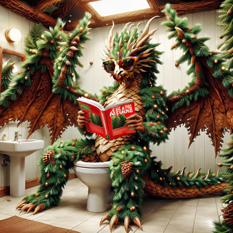 fir needles, bone fir needles Dragon, A massive humanoid dragon made of fir needles sitting on a toilet, has a
