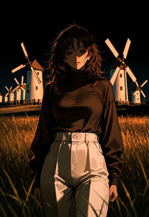 Art8st, masterpiece, best quality, 1girl, adult, mediium hair, messy hair, dark brown hair, black eyes, tired eyes, brown turtleneck sweater, ribbed collar, long sleeves, baggy white pants

liminal space, black sky, darkness, cold lighting, grass, isolated windmill in the distance, high contrast, depth of field, dynamic view