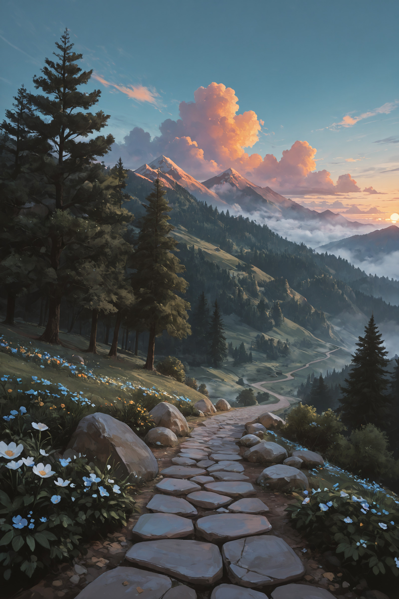 (flat color:2), (no lineart:1), (no outline:1), (Flat vector:1), ((flower, outdoors, sky, day, cloud, blue_sky, tree, no_humans, cloudy_sky, plant, scenery, nature, forest, sunset, rock, mountain, bush, mountainous_horizon, evening, landscape, gradient_sky, fog, path, sunrise, morning, stone_wall, above_clouds):0.5) masterwork, masterpiece, best quality, detailed, depth of field, , high detail, best quality, very aesthetic, 8k, dynamic pose, depth of field, dynamic angle, adult, aged up,