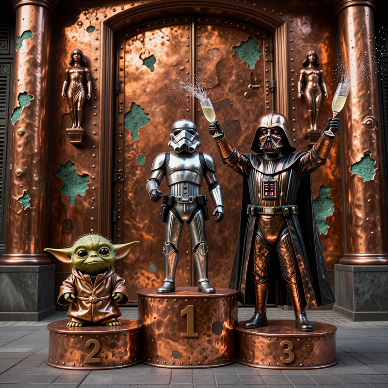 Victory Podium with Yoda, Stormtrooper, and Darth Vader
A surreal award podium scene made of aged hammered met