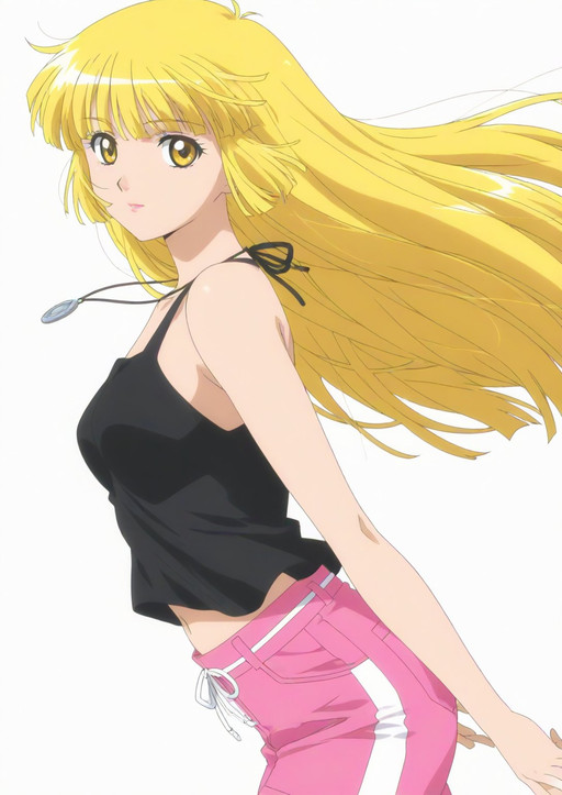 (anime coloring, masterpiece, retro anime style, 1990, best quality, newest, absurdres, highres, anime screencap, anime style, score_9, score_8_up, score_7_up, source anime, flat color, vibrant colors, finely detailed), (general, 1girl, solo, from side, looking at viewer, cowboy shot, innocent, standing:1.5), (simple background, white background:1.5) BREAK
<lora:SDXL_Pirates_Coorie_v1:0.5> (sdxl-pirates-coorie, blonde hair, blunt bangs, coorie casual, long hair, yellow eyes, makeup, hime cut, blunt ends, lipstick, bare shoulders, sleeveless, necklace, bare arms, black dress, navel, pink short pants, white thigh boots)