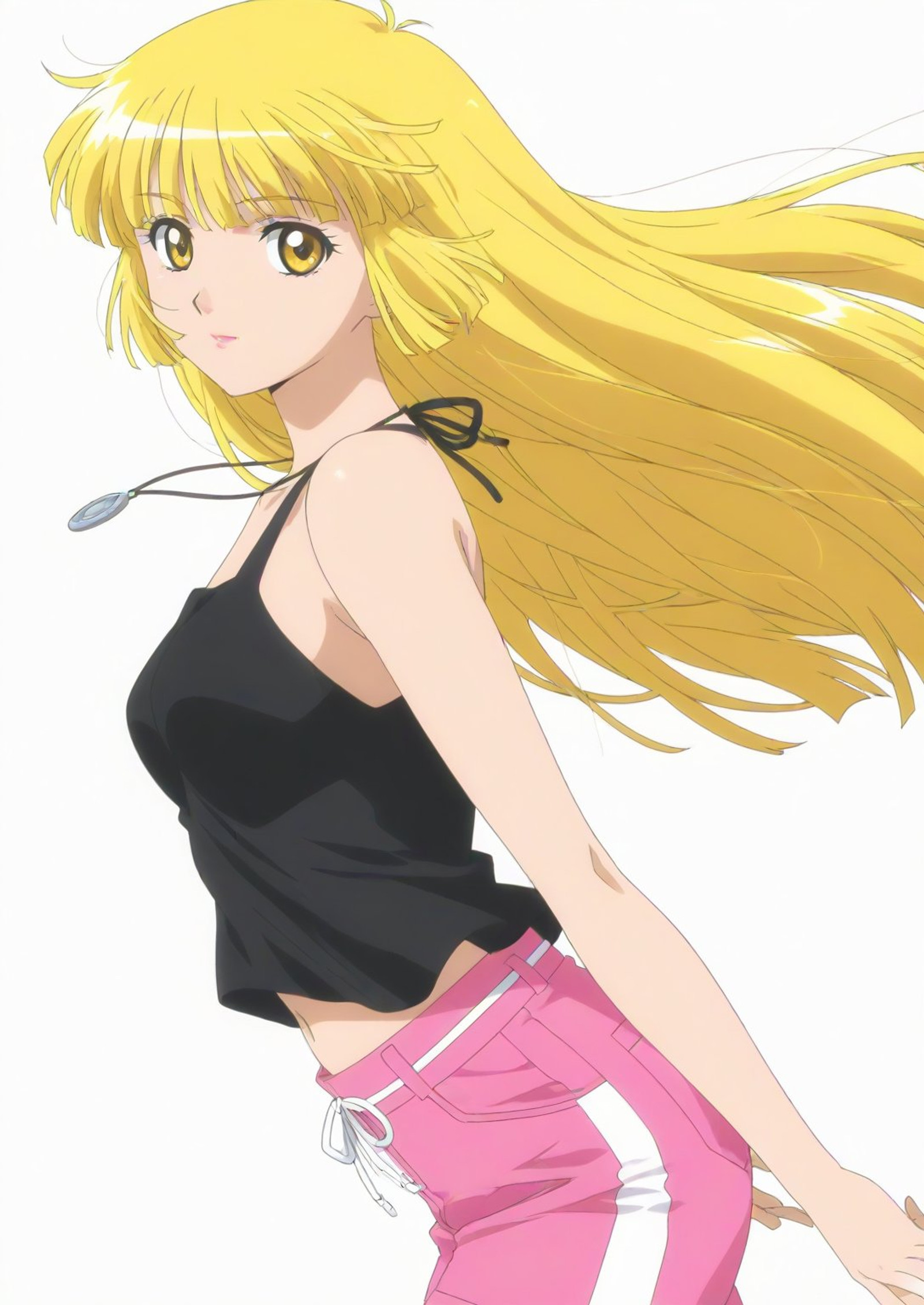 (anime coloring, masterpiece, retro anime style, 1990, best quality, newest, absurdres, highres, anime screencap, anime style, score_9, score_8_up, score_7_up, source anime, flat color, vibrant colors, finely detailed), (general, 1girl, solo, from side, looking at viewer, cowboy shot, innocent, standing:1.5), (simple background, white background:1.5) BREAK
<lora:SDXL_Pirates_Coorie_v1:0.5> (sdxl-pirates-coorie, blonde hair, blunt bangs, coorie casual, long hair, yellow eyes, makeup, hime cut, blunt ends, lipstick, bare shoulders, sleeveless, necklace, bare arms, black dress, navel, pink short pants, white thigh boots)