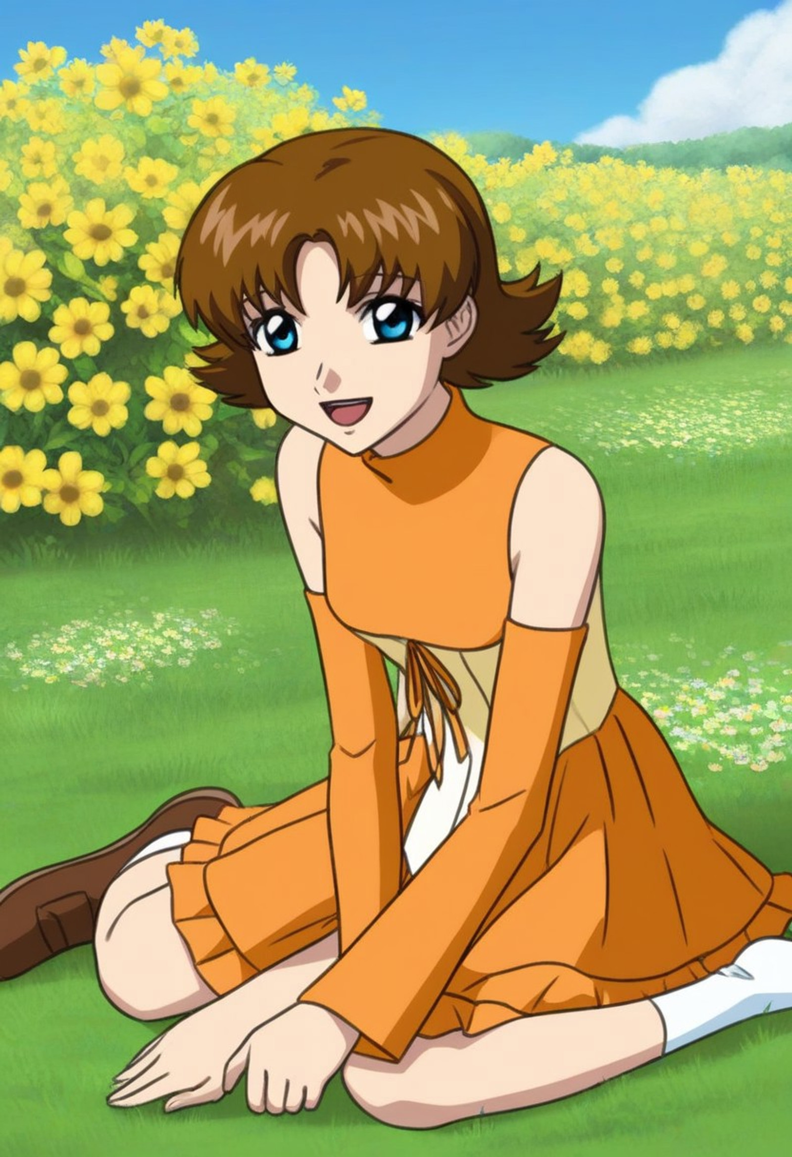 masterpiece, best quality, absurdres, (queenbuon), face focus, front view, 1girl, solo, looking at viewer, smile, <lora:Miriallia_Haw_Gundam_SEED_Pony:0.8>,miriallia,1girl,solo,blue eyes,brown hair,short hair,flipped hair, orange dress, sleeveless dress, turtleneck, bare shoulders, detached sleeves, orange sleeves, medium breasts, frill skirt, orange skirt, sitting, white socks, brown shoes, cute, date, open mouth, happy, outdoors, grassland, flowers background, blue sky background,