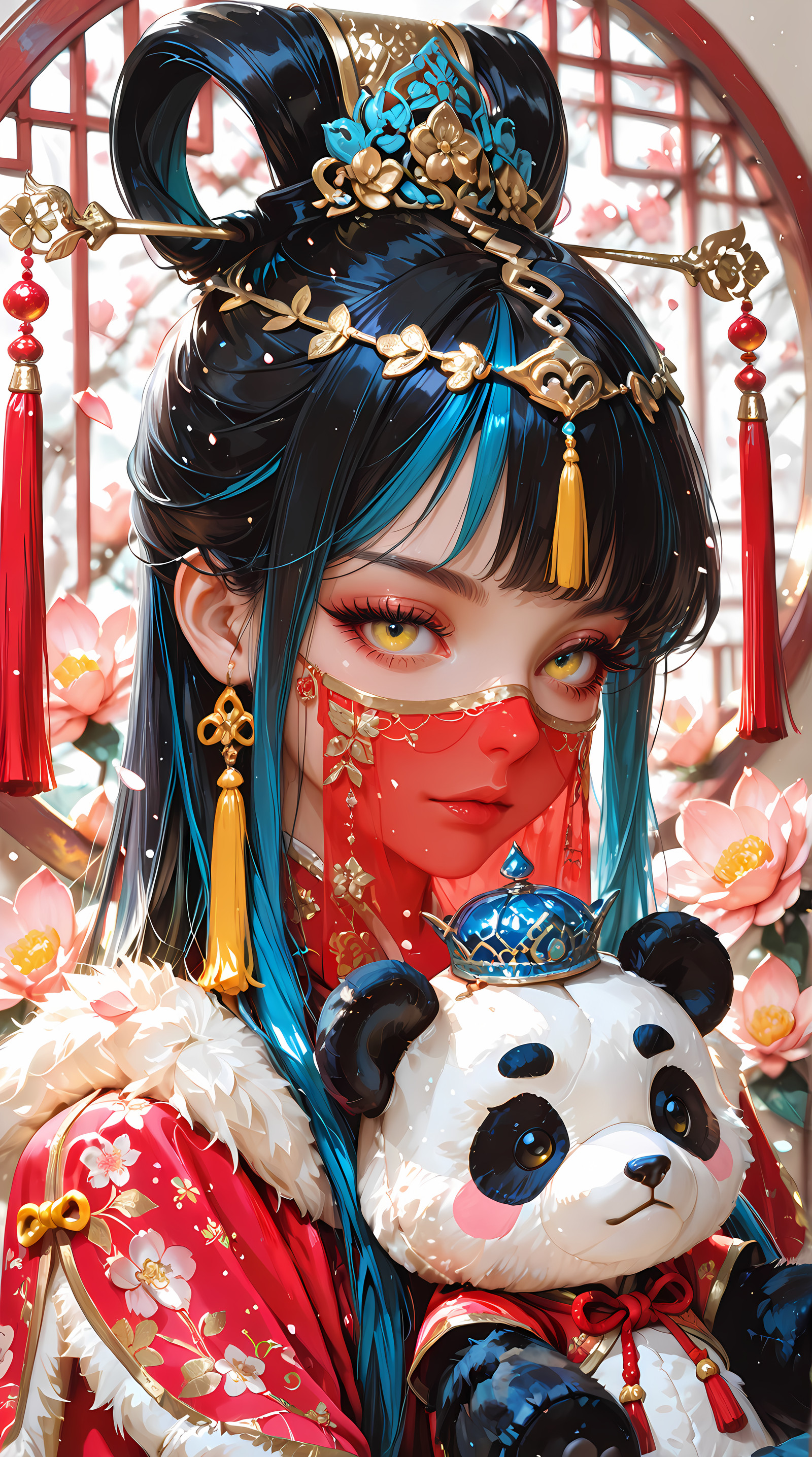 (masterpiece:1.4), (best quality:1.3), (Chinese attire:1.2), (1girl:1.3), (solo:1.2), (asian:1.3), (close-up portrait:1.2), (looking at viewer), (two-tone hair:1.2), (blue hair:1.2), (black hair:1.3), (long hair:1.2), (diadem:1.2), (fengguan:1.3), (blue crown:1.2), (hair ornament:1.3), (tassel hair ornament:1.3), (floral hairpin:1.3), (mouth veil:1.3), (lipstick:1.2), (makeup:1.2), (pink eyeshadow:1.2), (thick eyebrows:1.2), (v-shaped eyebrows:1.2), (yellow eyes:1.2), (chinese clothes:1.3), (chinese opera:1.2), (ornate clothing:1.3), (hanfu:1.2), (fur trim:1.2), (fur-trimmed capelet:1.2), (red capelet:1.2), (petals:1.2), (xiangyun:1.2), (yunwen:1.2), (lucky clouds:1.2), (holding plush toy:1.3), (stuffed panda:1.3), (elegant pattern:1.2), (decorative fabric:1.3), (fantasy style:1.2), (floral background:1.2), (watercolor texture:1.2), (soft expression:1.2), (serene mood:1.2), (highly detailed:1.3), (jewelry:1.1), (gold embellishments:1.2), (depth of field:1.2), (dutch angel:1.2), (blurry edges:1.2)