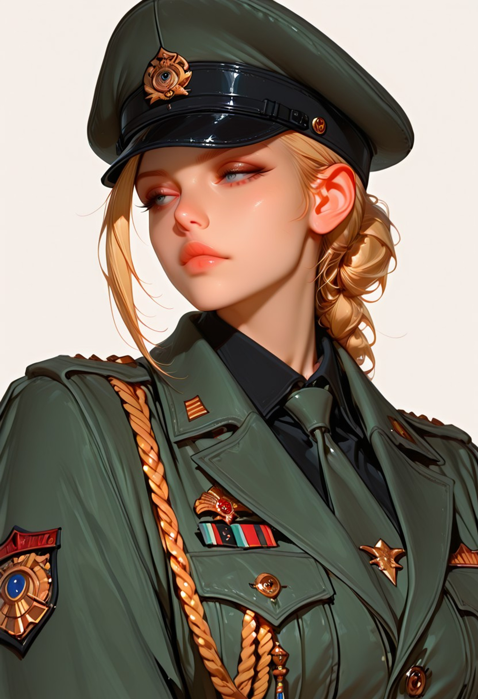 Semi-realism, artist:moriimee, ma1ma1helmes_b_illu,sketch, 
(1girl, solo, masterpiece, best quality, amazing quality, absurdres, newest, simple background), BREAK,
cammy white \(Street Fighter\), military, hat, uniform, military uniform, shirt, necktie, closed mouth, military hat, jacket, collared shirt, medal, black shirt, peaked cap, military jacket, upper body, lips, breast pocket, looking away, pocket, aiguillette