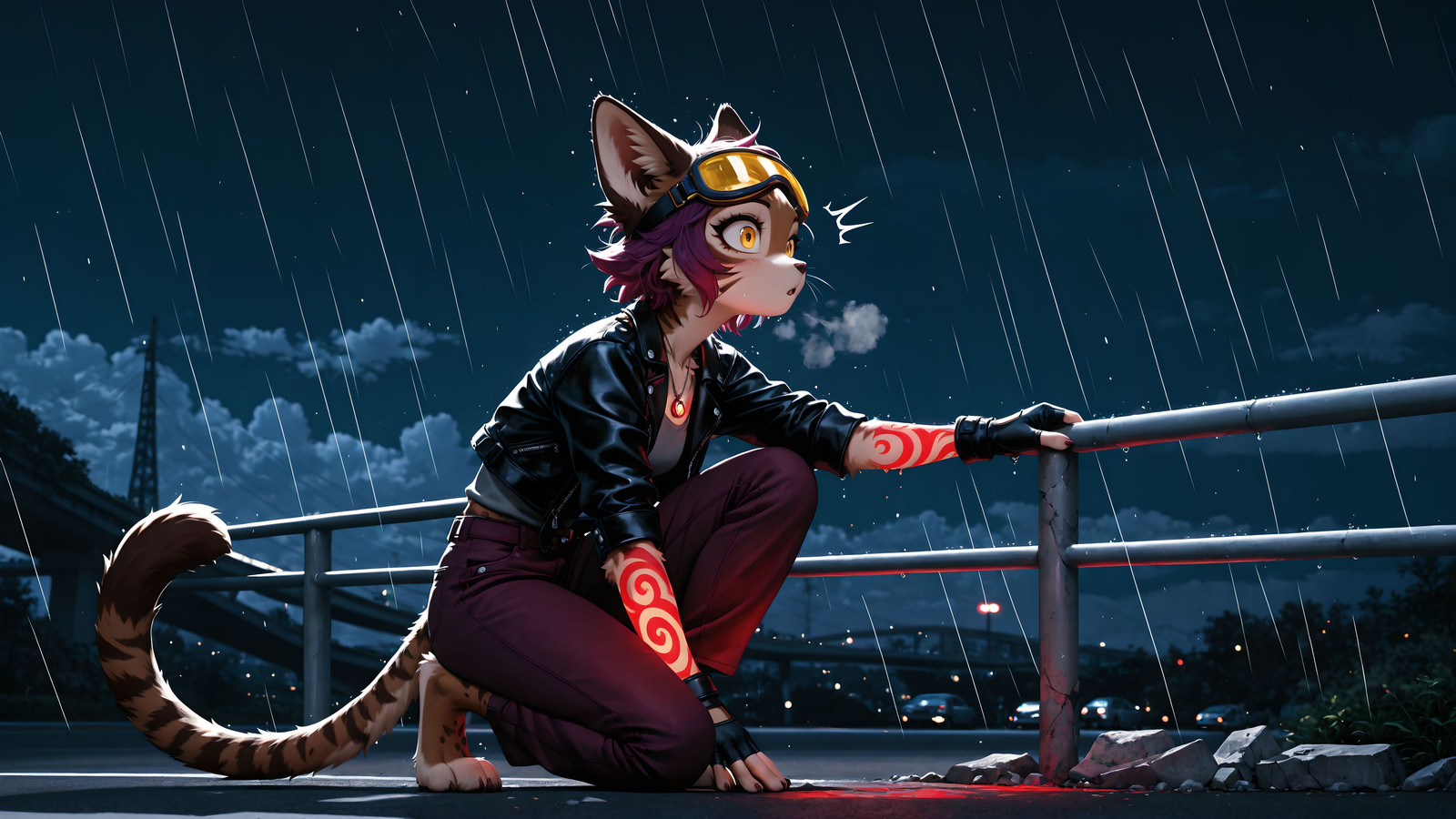 dark, night, highway, sitting, on one knee, against rail on cracked cement, highway, broken concrete, looking at hands, surprised, glowing red swirl tattoos on arms, steaming tattoos, rim lighting, lazyreal, night, rainy sky, clouds, 1girl, furry anthro cat girl, ears back, striped tan fur, stripes, brown fur, real fluffy volumic fur, glittery fur, stripes, yellow eyes, detailed eyes, beautiful eyes, furry anthro, short violet hair, sideswept hair, yellow goggles on head, necklace, gray shirt, leather mini jacket, detailed textures, intricate details, maroon pants, fingerless gloves, digitigrade, tail, IllusP0s cr1sp