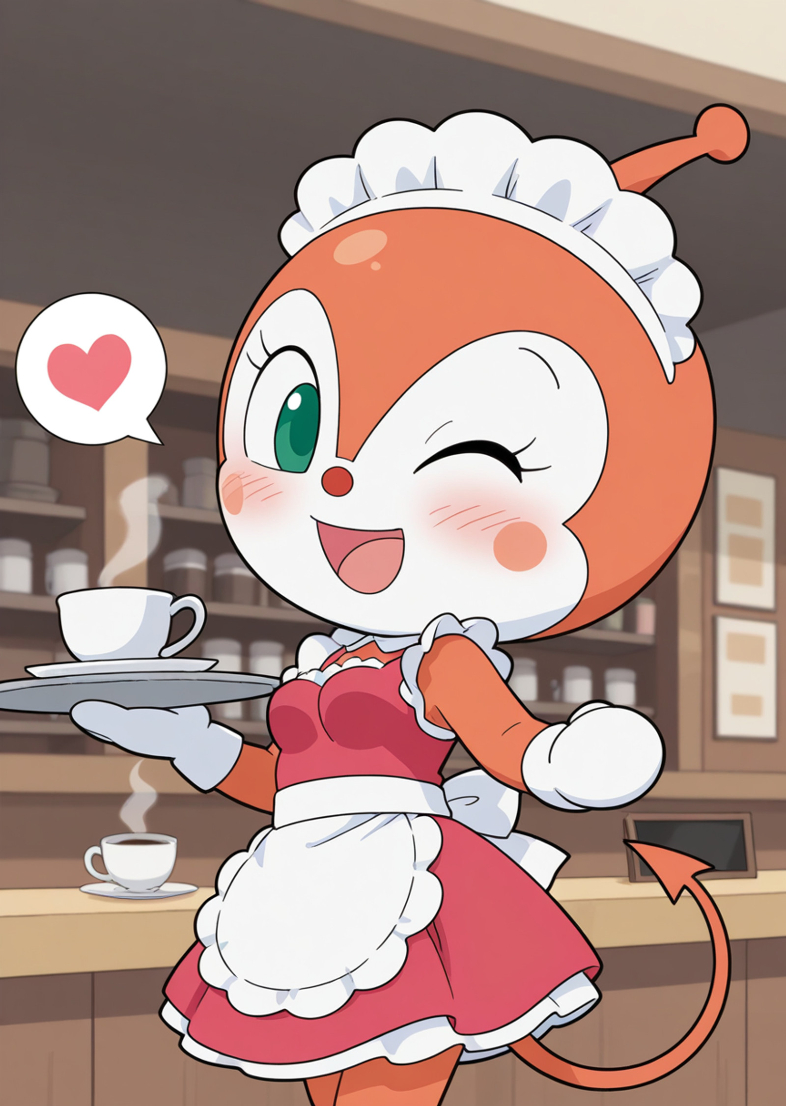 master piece, great quality, 1girl, solo, dokin-chan, antennae, orange body, white face, green eyes, demon tail, looking at viewer, chibi, maid outfit, maid headdress, tray, open mouth, spoken heart, cafe, coffee, wink, face blush, smile, medium breasts,