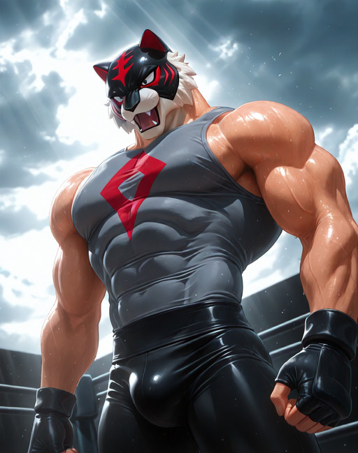 BREAK: high contrast, depth of field, Fresh Atmosphere, Clean Composition, Masterpiece, Best Quality, Smooth Details, vivid colors, 
exterior, Clean Composition, Masterpiece, Best Quality, depth of field, no crowd, private outdoor training area, dynamic lighting, vivid sky, nature, cloudy overcast sky, wrestling ring, 
BREAK:
<lora:TiDa_(Tiger_Mask)_(Illustrious)_(AD):1.5> TiDa, muscular, tiger, wrestler, <lora:BSS_Visual Enhancer Slider:0.5>, <lora:Dramatic Lighting Slider:4>, <lora:AddMicroDetails_NoobAI_v3:0.4> addmicrodetails,
very awe, aesthetically pleasing, masterpiece, best quality, dutch angle,  ((solo, dynamic action, no tail, superior, ):1.5), cowboy shot,
male focus, grey shirt, grey wrestling pants, black gloves, 
muscular hips, powerful sexy male physique, large wide shoulders, wide thick protruding chest, peak physical conditioning, large bulging muscles, abs, hyper muscular,
BREAK: very awe, aesthetically pleasing, masterpiece, high score, great score, absurdres, best quality, amazing quality, very aesthetic, perfect depth of field shot, in'ei,
BREAK: lazypos,