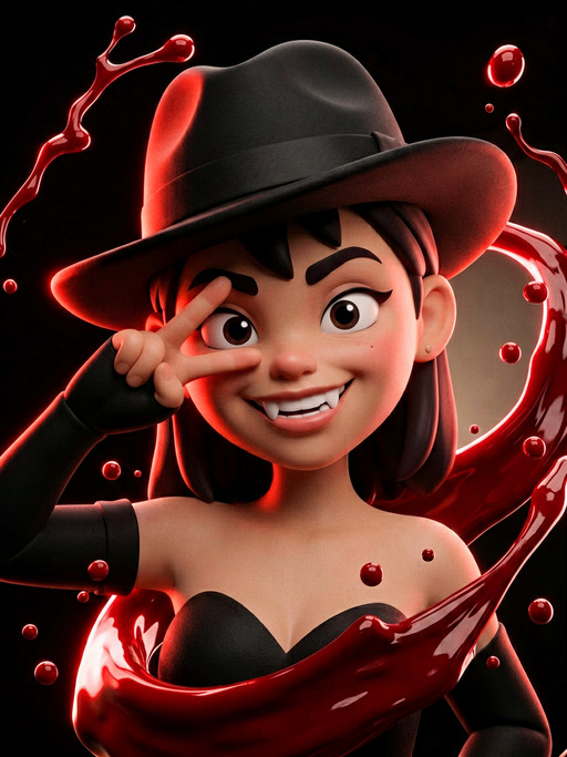 AA cartoon vampire girl with a playful yet provocative smile poses for a dramatic cinematic headshot against a solid black background. Her fangs peek out over her lower lip, and she playfully forms a V-shape with her fingers over one eye. She wears a stylish black fedora hat tilted forward, casting a soft, mysterious shadow over the top half of her face. The scene erupts with dramatic splashes of thick, glossy red blood that curve dynamically around her silhouette. The animation style is hyper-smooth 3D with a smooth matte texture on her skin and clothing, giving her a very bubble, rounded look with rich volume. The lighting is intensely cinematic and voluminous, featuring a sharp, bright crimson rim light from camera-left that catches the edges of her hat and the fluid blood splashes, contrasting with a soft, diffused neutral key light from camera-right that highlights her expressive facial features. Style: Modern high-end 3D animated character render, matte surface finish, high-fidelity digital illustration. Mood: Playful, mischievous, dark pop.