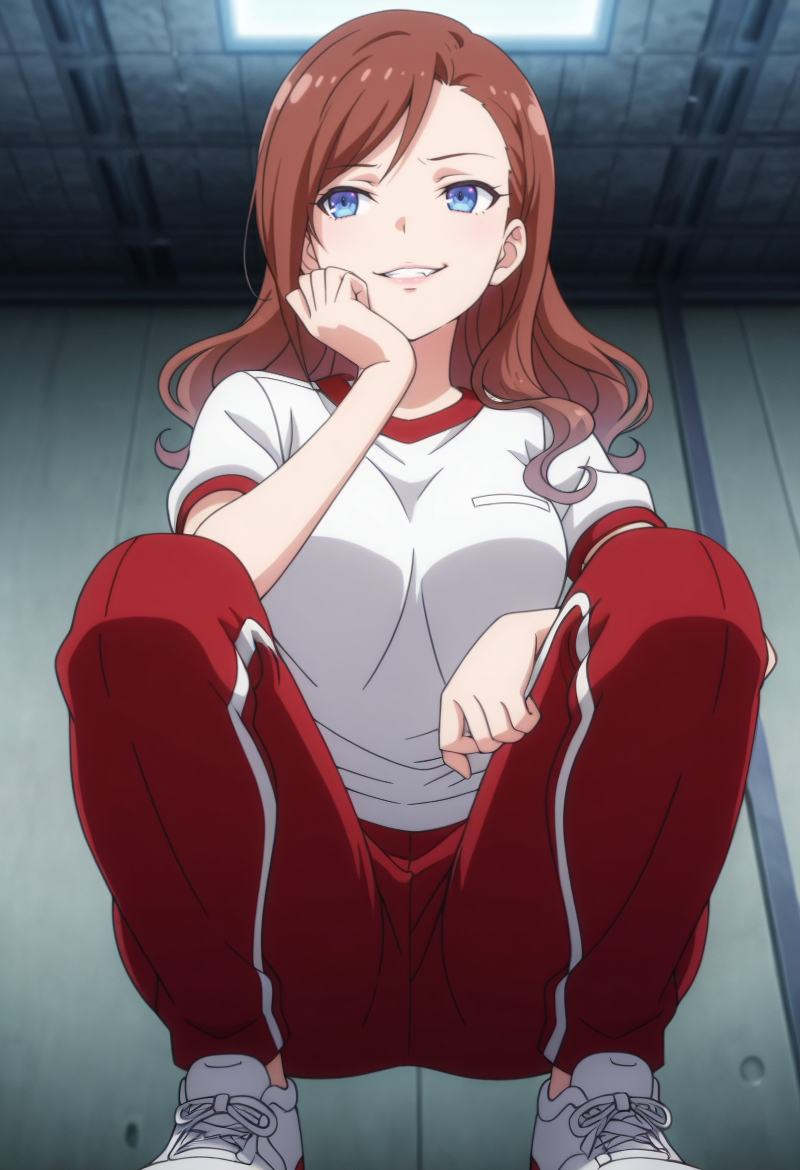 masterpiece, best quality, amazing quality, anime_screencap, anime_coloring, Cold smirk, eyes narrowed with authority, lips curled in a devilish grin, commanding posture, subtle but intense gaze, YJSChiaki, brown_hair, blue_eyes, long_hair, wavy_hair, swept_bangs, solo,  ChiakiGym, gym_uniform, white_shirt, gym_shirt, red_pants, track_pants, short_sleeves, sneakers, single_vertical_stripe, white_footwear, squatting, from below, front view, low-angle view,, <segment:girl's face,0.55,0.2//cid=11> Cold smirk, eyes narrowed with authority, lips curled in a devilish grin, commanding posture, subtle but intense gaze, YJSChiaki, brown_hair, blue_eyes, long_hair, wavy_hair, swept_bangs,