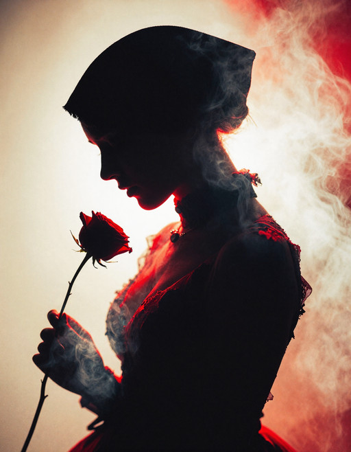 Dark sensual composition, upper-body side-profile view, heavy shadow, velvety blacks, crimson accents, smoky atmosphere, tactile darkness, and moody elegance.

A feminine figure appears in side profile with her head bowed slightly forward. Her body is mostly hidden in darkness, with the curves of the face, chest, shoulder, and upper torso revealed by red light. She wears a widow's cap and a veil that hides the upper face and creates a mysterious silhouette. She is holding a single deep crimson rose by the long stem in hone hand in front of her. She wears a black and crimson turtle neck dress.

Crimson rim light traces the edges of the figure and glows across the chest, neck, and head. Soft smoke rises around the torso and throat area. The surface appears dark, textured, and slightly organic at the edges. The background remains minimal and black, with the figure emerging from shadow and red illumination.