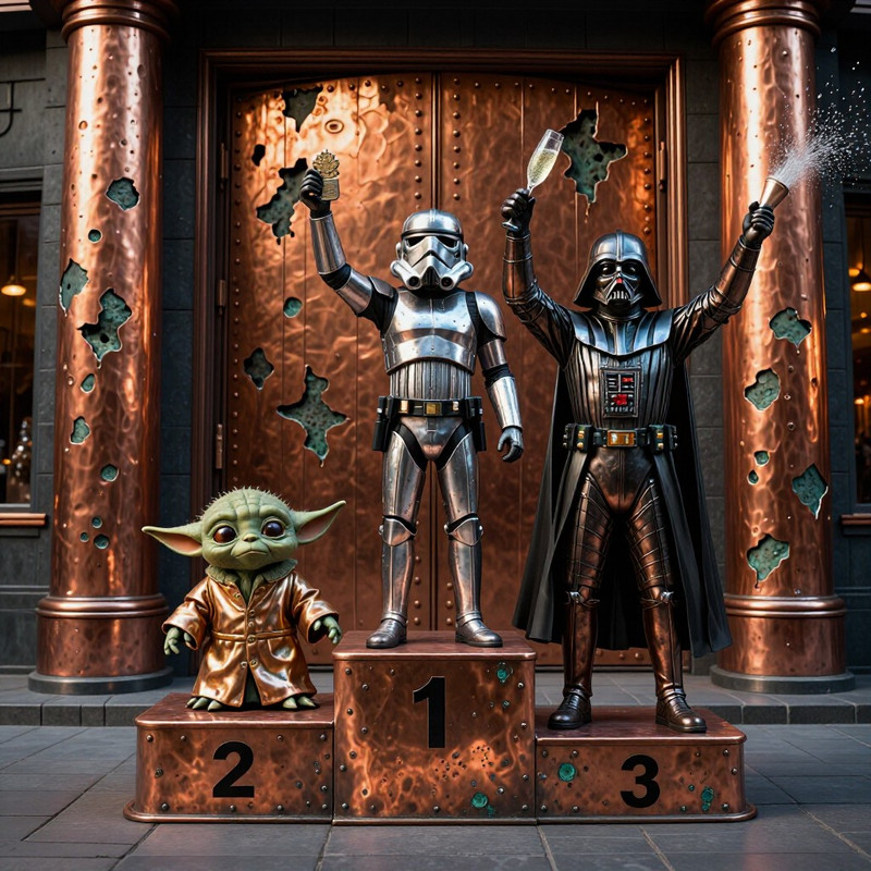 Victory Podium with Yoda, Stormtrooper, and Darth Vader
A surreal award podium scene made of aged hammered met