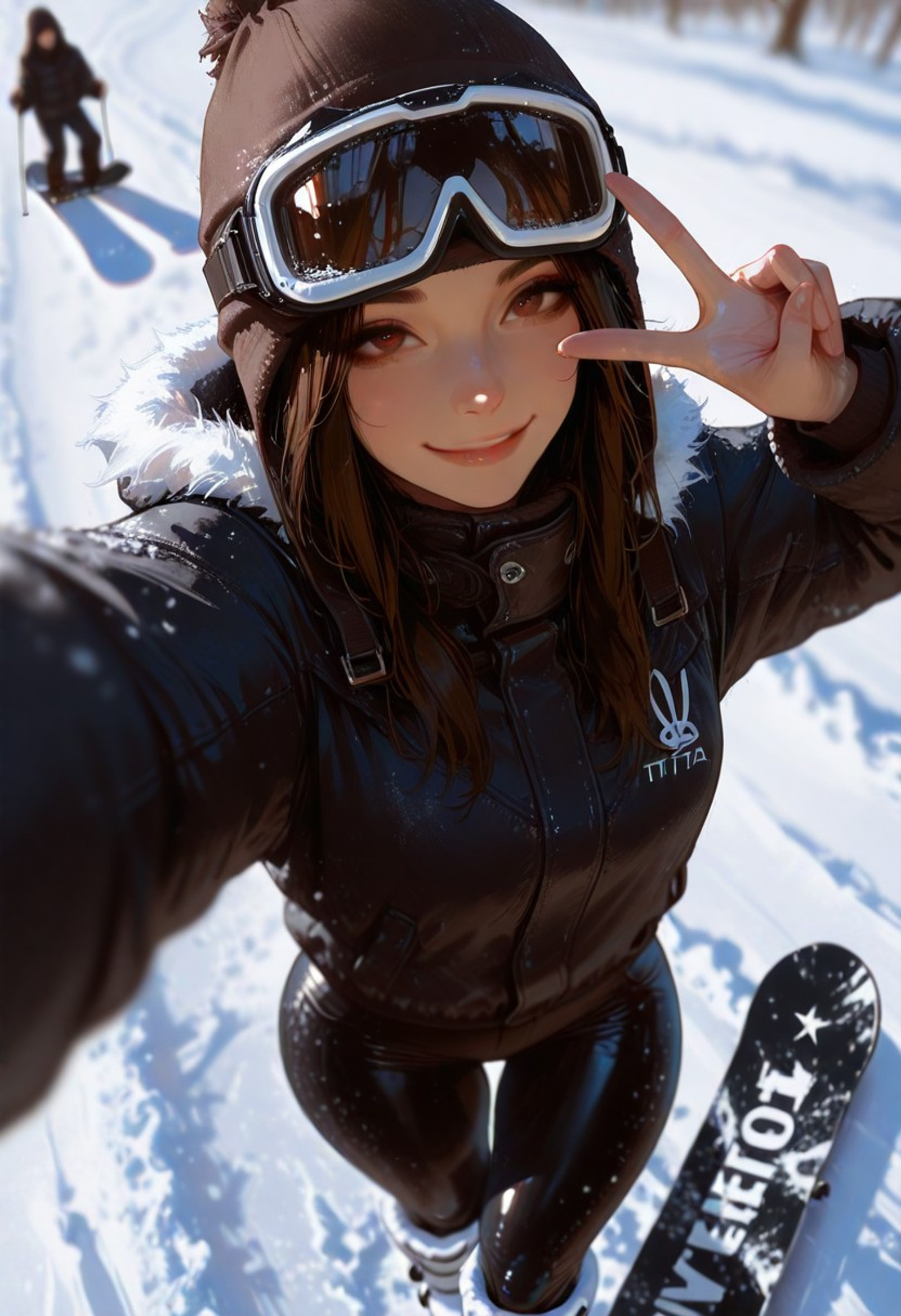 masterpiece, best quality, amazing quality, very aesthetic, newest, selfie, closeup, view from above, (milf), (blurred background), (dramatic lighting), 8k, masterpiece, 7481llu, 69yottea_style_illu, best quality,realistic, simple_background, 21 year old, long hair, dark brown hair, wearing hood with white fur, tight pants, thigh gap, thick thighs, slim figure, black snow pants, snow boots, black jacket, tight jacket, peace sign, smile, snowboard, 1girl, fit, (tone body), on snowy slopes, daylight, black goggles, snowboarding goggles, goggles reflection, phone in reflection, perfect face, detailed face, brown eyes, detailed eyes,