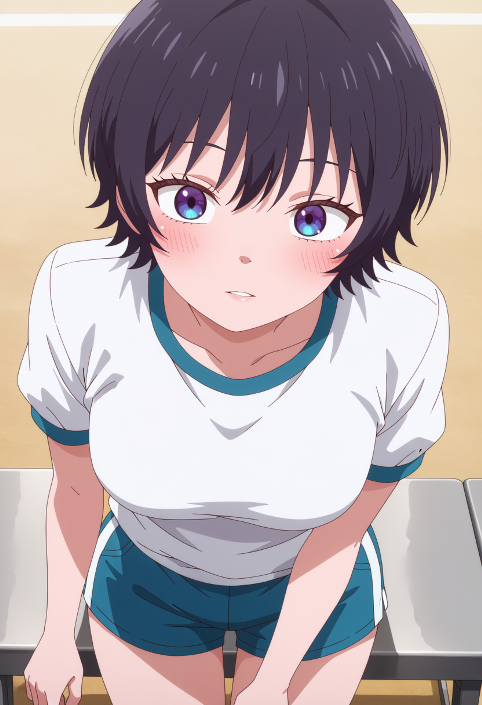 masterpiece, best quality, score_7, highres, absurdres, Sharp, piercing gaze, lips slightly parted in a quiet command, eyebrow arched, intense focus, no trace of submission, anime screenshot, safe, kmntsubomi, black hair, short hair, purple eyes, solo,  tsubomigym, shirt, white shirt, t-shirt, short sleeves, shorts, gym uniform, gym shorts, blue shorts, short shorts, leaning to side, from above, front view, high-angle view,,