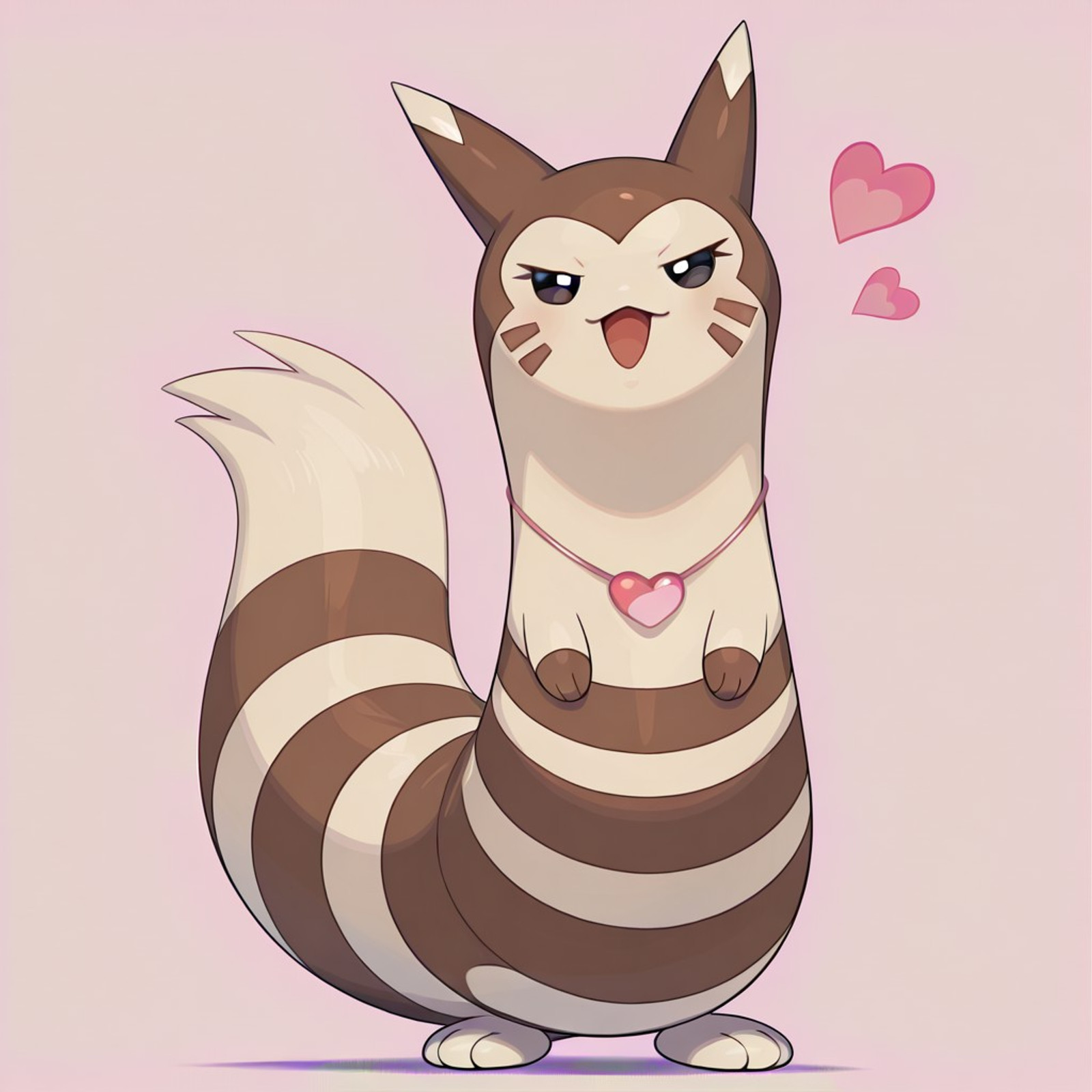 (((((((((safe_pos))))))))), (((PG rated only)))
furret, pokemon (creature), beige fur, brown 
fur, stripes,  brown hands, beige feet, beige ear tips, dark eyes, bipedal
female, girly, (((long eyelashes))), very feminine
full body, (((solo))), looking directly at viewer, straight smile, (((wearing pink heart necklace))), front view, (((smug))), (((long eyelashes))), no neckwear except pink heart necklace, (((tough))), girly, standing confidently, solo, happy, smiling, smirk, (((no background))), (standing), full body view, open eyes, open mouth, pokemon_style, flirty