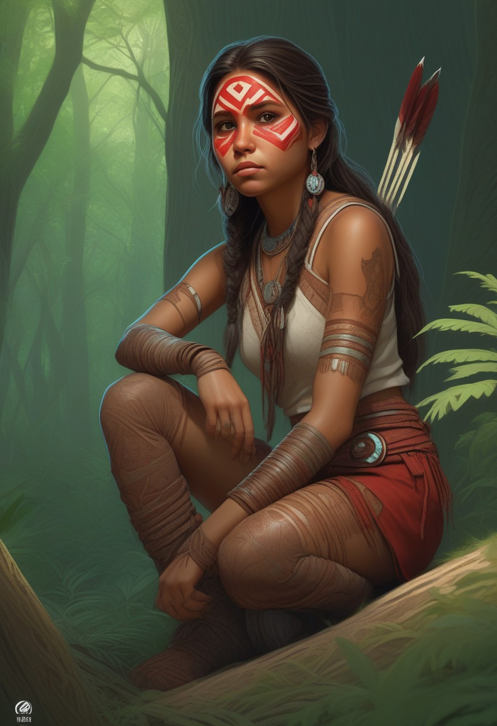 highly detailed, 1girl, Native American, crouching, posing, upper body, tan skin, brown hair, brown eyes, cute face, red face paint, hide clothing, midriff, toned body, (curvy), forest, beautiful forest, deep focus, intricate, elegant, highly detailed, digital painting, artstation, concept art, matte, sharp focus, illustration, art by artgerm and greg rutkowski and alphonse mucha,