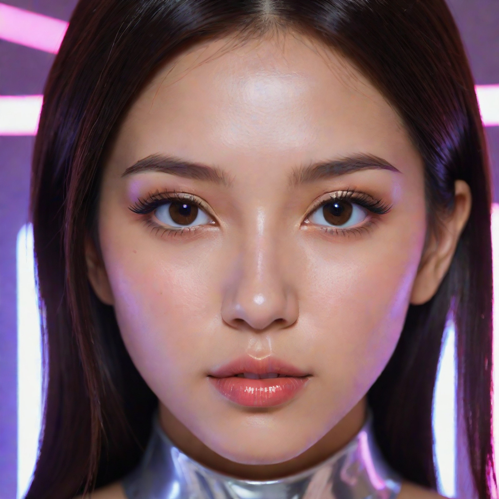 **Character Focus & Shot:**
(Close-up portrait of a futuristic K-pop idol:1.4), (AI-like beauty), (flawless, digital quality face:1.3), (masterpiece), (best quality).

**Facial Features:**
(Perfectly sculpted V-line face), (exaggeratedly large, manga-style eyes), (unnaturally smooth, glowing skin texture).
**Eyes:** (Huge, deep brown eyes:1.3) with a reflective shine (digital reflections), (sharp, dramatic eyeliner) giving an intense, fixed gaze.
**Nose & Lips:** (Small, impossibly sharp and straight nose), (full, glossy red lips).
**Expression:** (Emotionless but charismatic expression), (intense, fixed stare).

**Hair & Makeup:**
(Long, ultra-straight, deep black hair) with a subtle blue tint, center-parted.
**Makeup:** Heavy cheek and nose contouring, "douyin" style eye makeup (glitter/gems).

**Attire & Lighting:**
Wearing a (cyberpunk/sci-fi silver armor outfit), reflective details. (Neon light streaks:1.3), glow from a futuristic screen, *Kwanga* background elements.