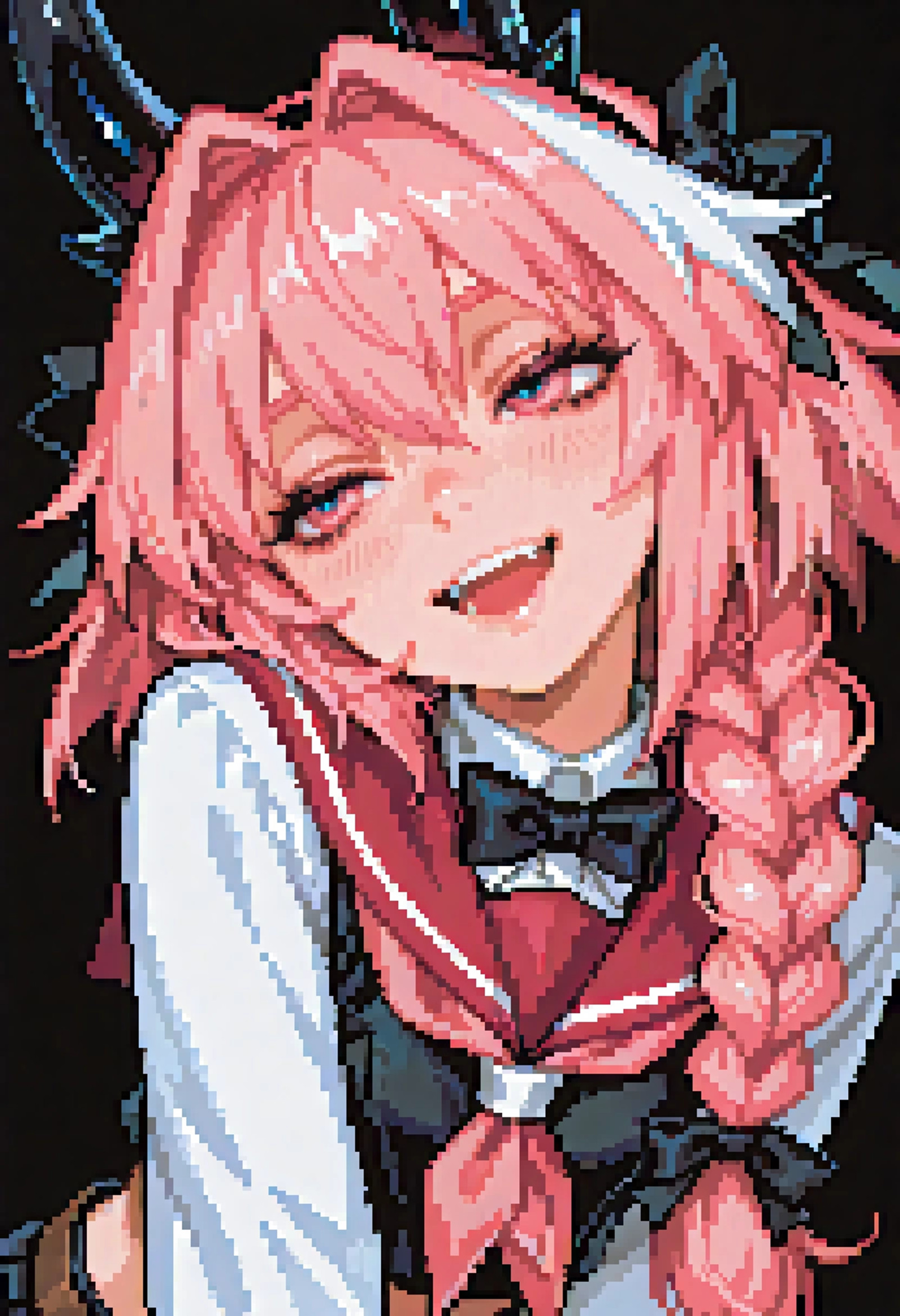 1boy,femboy,trap,otoko no ko,astolfo_(fate),fate_(series),male_focus,twintails,multicolored_hair,braided_ponytail,pink_hair,white_hair,long_braid,:d,eyelashes,pink_eyes,shiny_skin,bowtie,pink_neckerchief,ribbon,black_ribbon,fake_animal_ears,flat chest,juanmao,alariko,hagetapo safe,solo,portrait,leaning forward,head tilt,expressionless,half-closed eyes,nose,simple background,black background,pixel art,gloowing horns,majestic,Masterpiece,Best quality,ultra-detailed,amazing quality,very aesthetic,illustration,perfect composition,intricate details,highres,greatscore,absurdres,incredibly absurdres,dynamic angle,dynamic pose,20yo,textured,extremely detailed eyes,pretty <lora:HerrscherAGGA2025_PixelART-ULTIMATEBASE-SDXL-IL_V1:1>