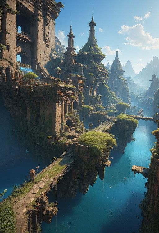 Art painting by Ian McQue and Takashi Murakami and Naoki Saito, , artstation trending, by greg rutkowski and beksinski, masterpiece, An ancient troglodyte city made In the style of Jules Verne and Pierre Boule, a fantasy setting, ancient Persian buildings with roofs and walls made of grass, bush, and lush vegetation. fantasy style, neon lighting