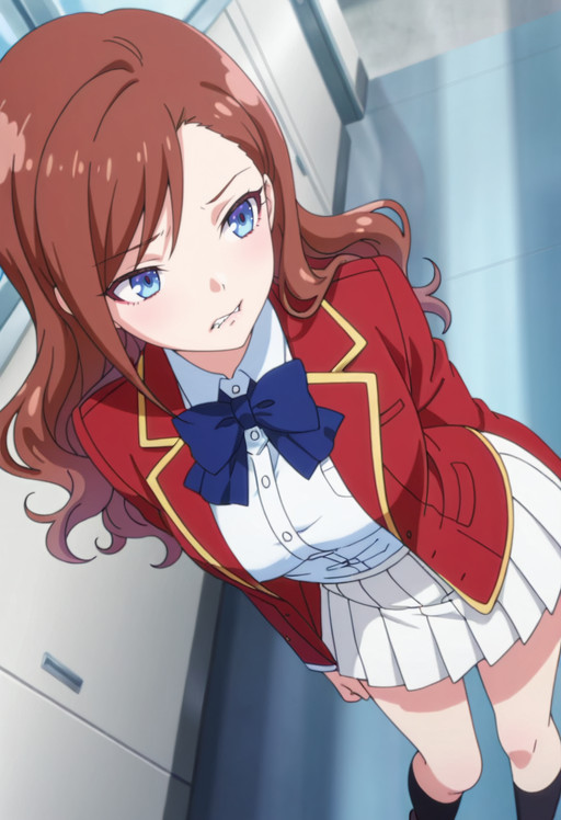 masterpiece, best quality, amazing quality, anime_screencap, anime_coloring, Eyes narrowing in lust, flushed chest, teeth lightly biting bottom lip, soft hum, YJSChiaki, brown_hair, blue_eyes, long_hair, wavy_hair, swept_bangs, solo,  ChiakiSchoolB, school_uniform, blazer, red_jacket, blue_bow, white_shirt, blue_bowtie, long_sleeves, collared_shirt, open_jacket, dress_shirt, pleated_skirt, white_skirt, miniskirt, black_socks, kneehighs, leaning to side, dynamic angle, dynamic pose,, <segment:girl's face,0.55,0.2//cid=11> Eyes narrowing in lust, flushed chest, teeth lightly biting bottom lip, soft hum, YJSChiaki, brown_hair, blue_eyes, long_hair, wavy_hair, swept_bangs,