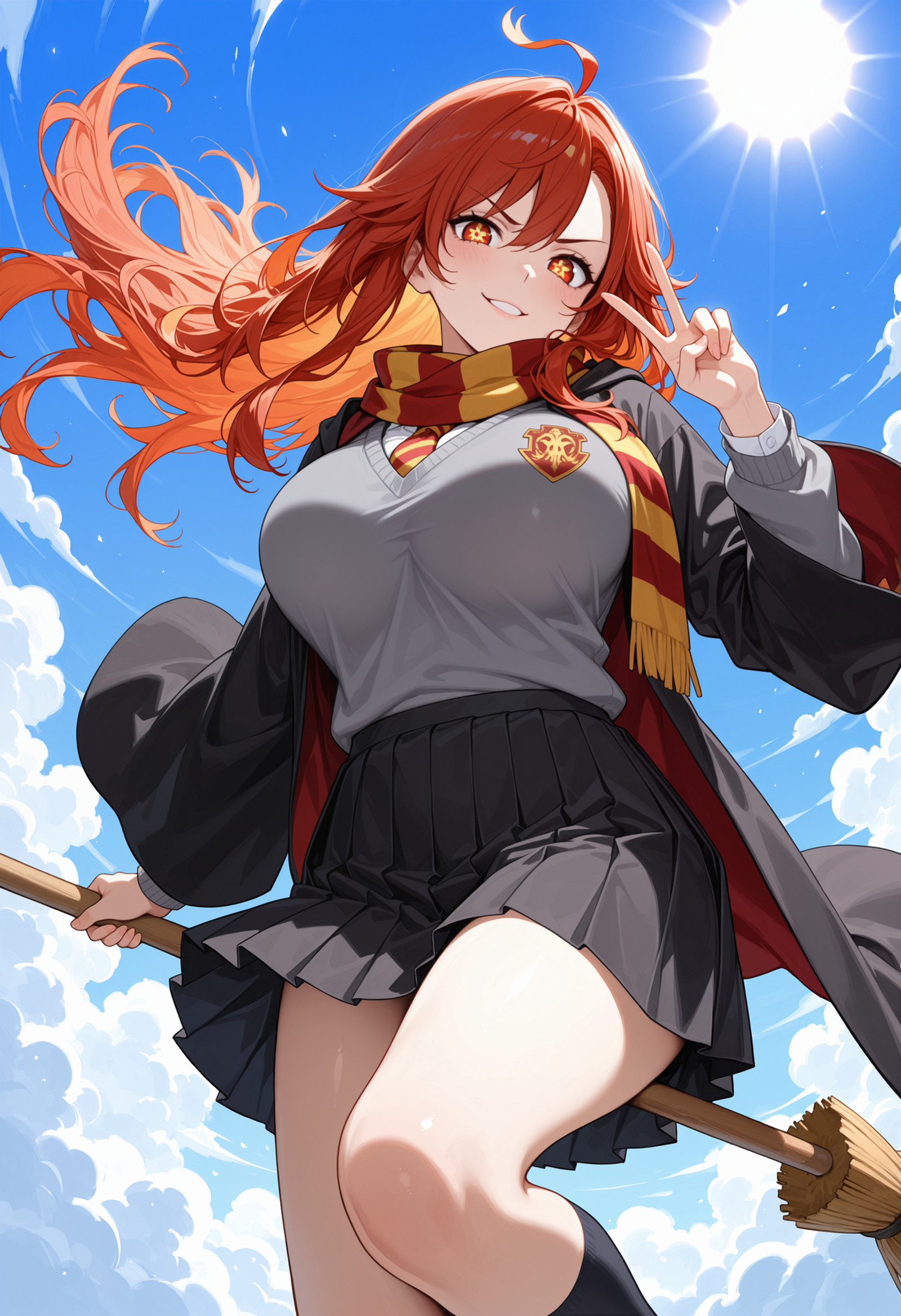 masterpiece, best quality, highres, absurdres, very awa, 1girl, solo, large breasts, red hair, long hair, hogwarts school uniform, white shirt, long sleeves, gryffindor, (outdoors:0.8), blue sky, cloud, day, midair, from below, broom, holding broom, sweeping, mavkRnd, red eyes, symbol-shaped pupils, ahoge, striped necktie, black robe, grey sweater, pleated skirt, black skirt, striped scarf, sun, broom riding, sidesaddle, looking at viewer, v-shaped eyebrows, smile, parted lips