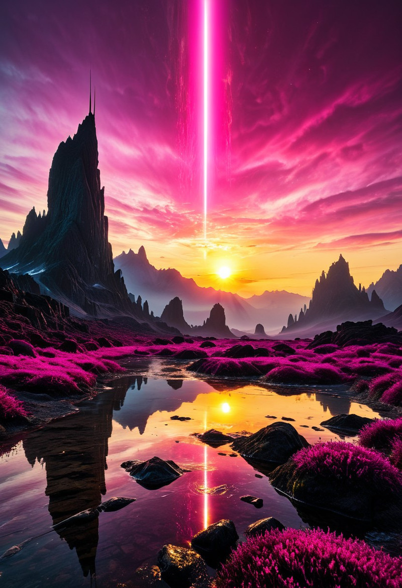 inspired by Stephan Martiniere, masterpiece,Ultra-detailed alien landscape at sunrise with a surreal magenta a