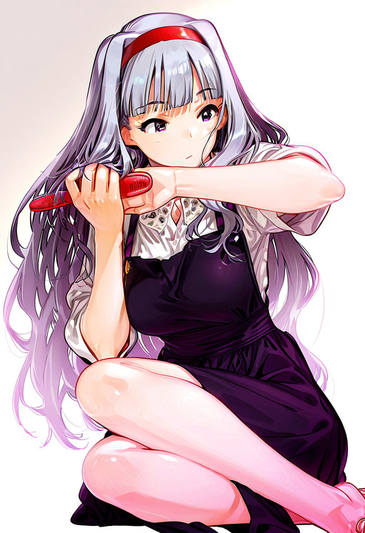 masterpiece, best quality, ultra detailed,  ReijiMiyajima,
 shijou_takane, idolmaster, 1girl, grey_hair, purple_eyes,
 left hand brushing hair, right arm relaxed, wide stance, knees relaxed,