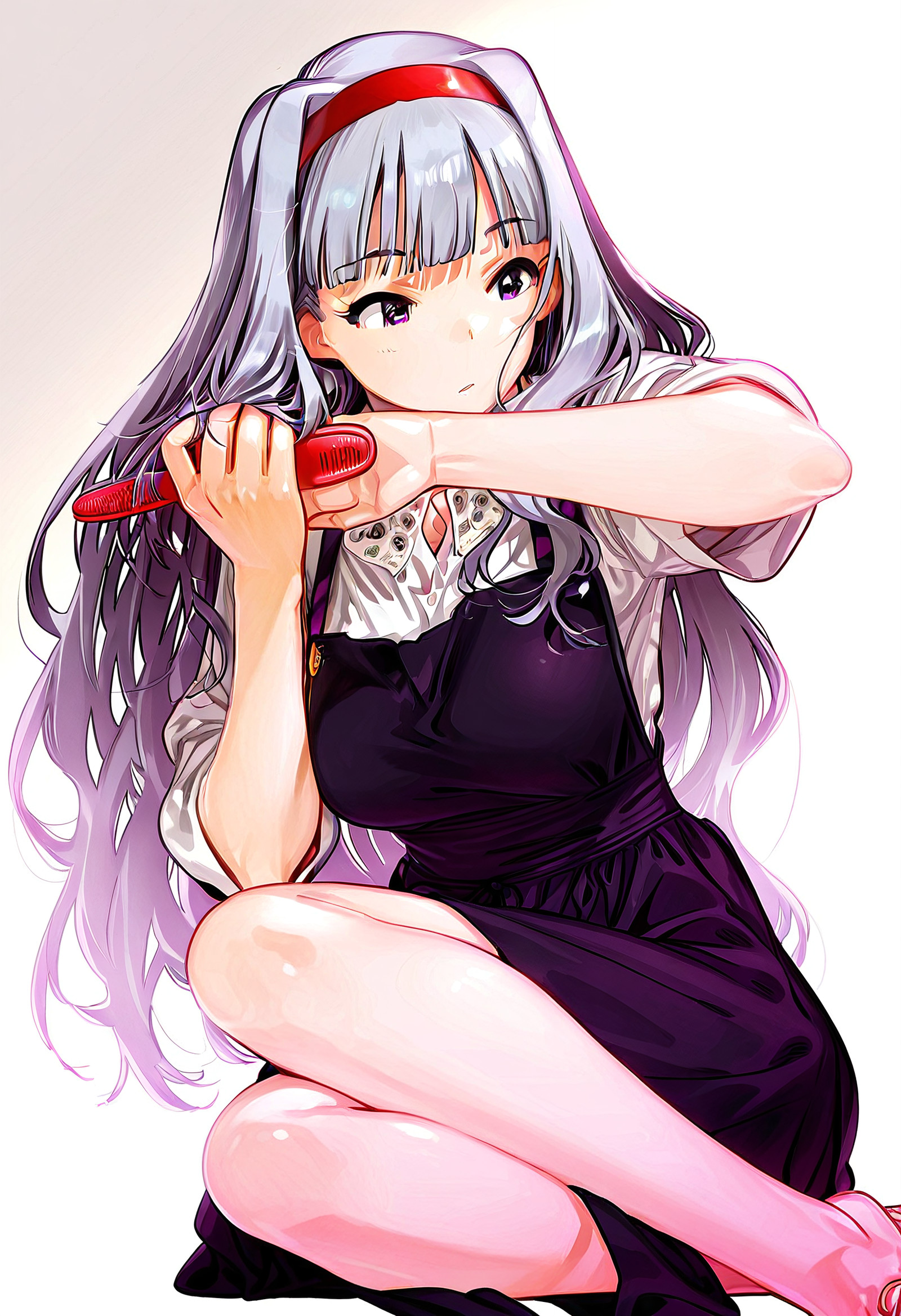masterpiece, best quality, ultra detailed,  ReijiMiyajima,
 shijou_takane, idolmaster, 1girl, grey_hair, purple_eyes,
 left hand brushing hair, right arm relaxed, wide stance, knees relaxed,