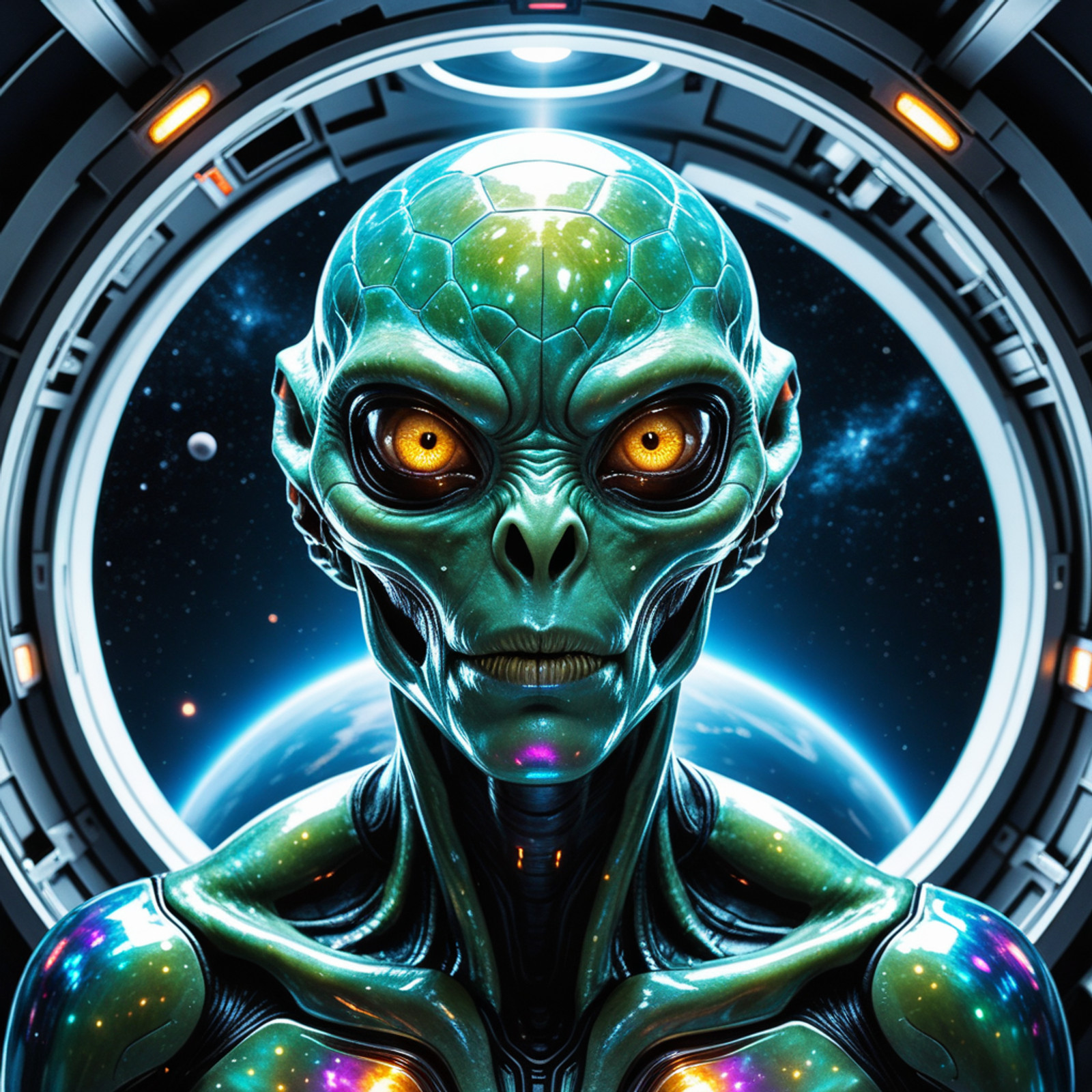 masterpiece, best quality, highly detailed, intricate, photorealistic, sharp focus, 8k,
Closeup of a Alien ambassador with iridescent skin, otherworldly makeup, in a futuristic space station.