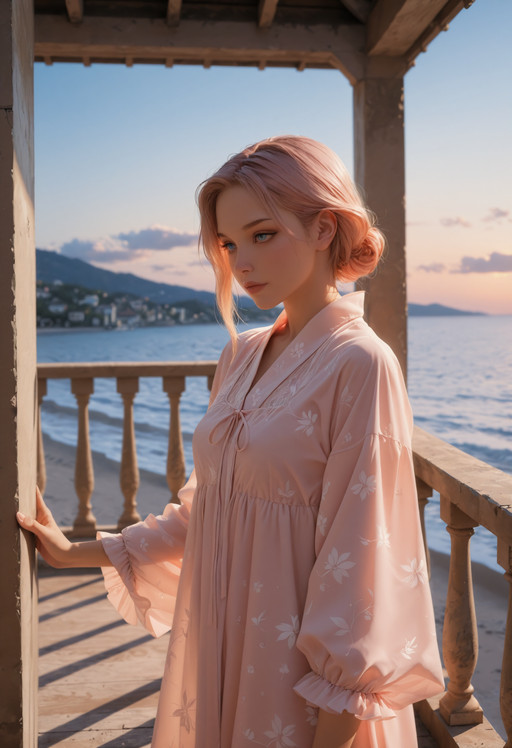 ultra-HD, 8K, ultra detailed, concept art, masterpiece, best quality, amazing quality, newest, absurdres, highres, masterwork, detailed, high detail, very aesthetic, great atmosphere, amazing ambience, perfect composition, sharp focus, dramatic lighting, intricate, dynamic, rich color, (pink theme), scenic, background, ((flowy linen kaftan, messy beach waves, Santorini balcony, bright white and blue noon light)), 1girl, incase, fine colorful, shiny, infinite, brilliant, glowing, complex, magnificent, epic, cinematic, highly enhanced, beautiful, symmetry, illuminated, clear, marvelous, polished, artistic, imposing, striking, wonderful, awesome, pure, romantic