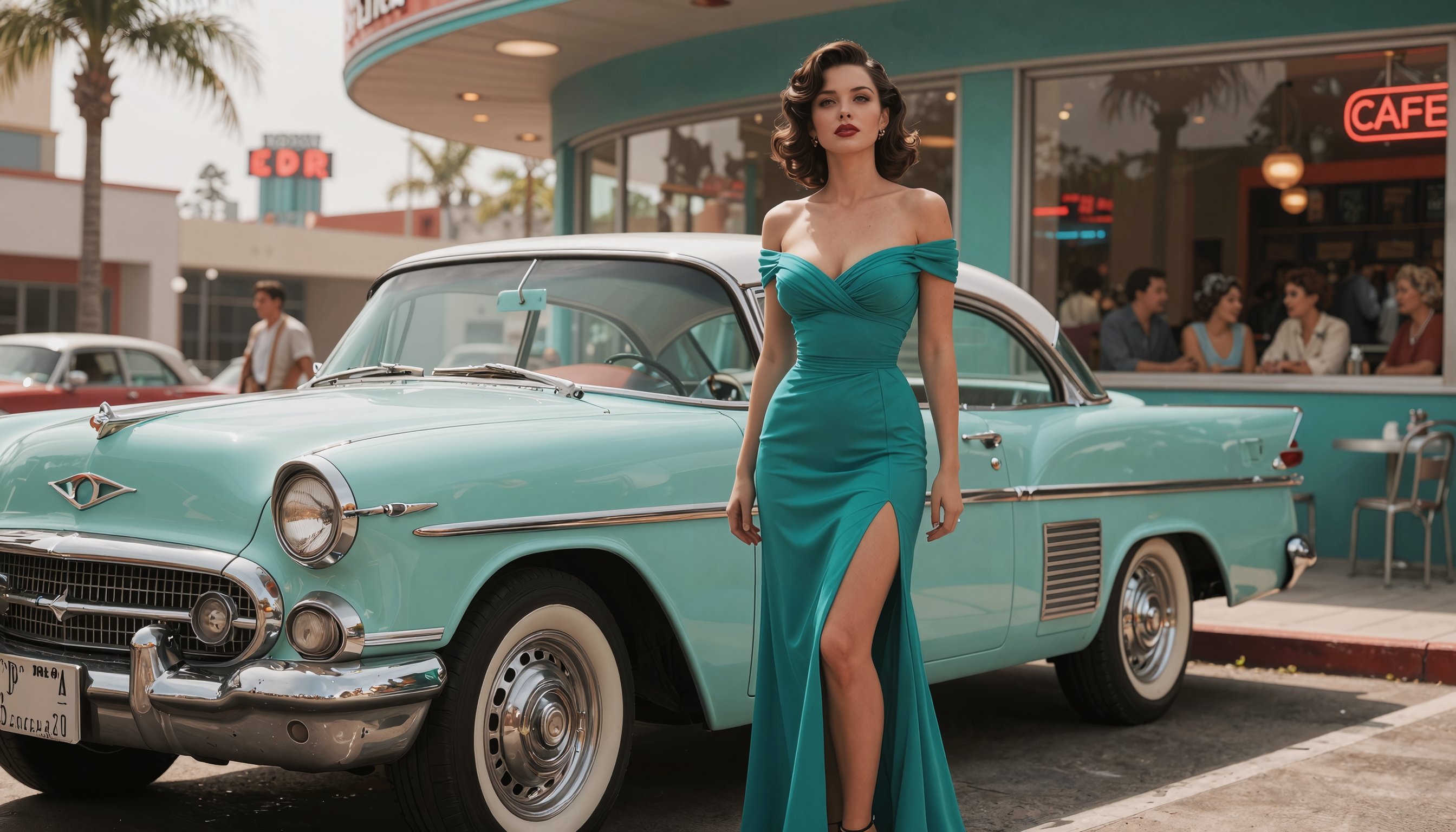 A vibrant photograph with a retro aesthetic, capturing a mid-20th century scene in a sunlit urban setting. The central subject is a striking woman standing beside a large, elegant, mint-green vintage car with chrome accents and whitewall tires. She has fair skin, wavy dark brown hair styled in soft curls, and wears a form-fitting, low cut off-the-shoulder teal evening gown that accentuates her large breasts. Her dress has a scandalously high slit up to her waist, revealing her left thigh and sandal-clad foot.  Her figure is slender yet curvaceous, with medium-sized breasts. She gazes confidently to the right, exuding classic Hollywood glamour. The background features a 1950s-style diner with large windows displaying patrons seated inside, and a neon sign reading "ROD'S CAFE" in red letters above the entrance. The few patrons in the cafe are all in 1950s era appropriate attire. Palm trees are visible on the left side of the image, adding to the nostalgic feel.  The color palette is dominated by teal, green, chrome, and warm sunlight, creating a contrast between the cool tones of her dress and car, and the warm hues of the diner's interior. The lighting is natural, with sunlight casting soft shadows and highlighting the sheen on the car's chrome details.  Textures in the image include the smooth fabric of her gown, the polished surface of the vintage car, and the reflective glass windows of the diner. The overall style evokes a sense of nostalgia and timeless elegance, capturing a moment frozen in mid-century Americana. The composition is balanced, with the woman slightly off-center to the right, drawing attention to both her and the vintage car. The image has a slight blur effect, adding a dreamy quality to the scene. The medium is digital photography, with a high-contrast, vibrant color palette and soft focus that enhances the retro aesthetic. <lora:ZiTD3tailed4nime:0.2> <lora:Z-Detail-Slider:0.6> <lora:ZIT_Luneva_CyberHD:0.4>