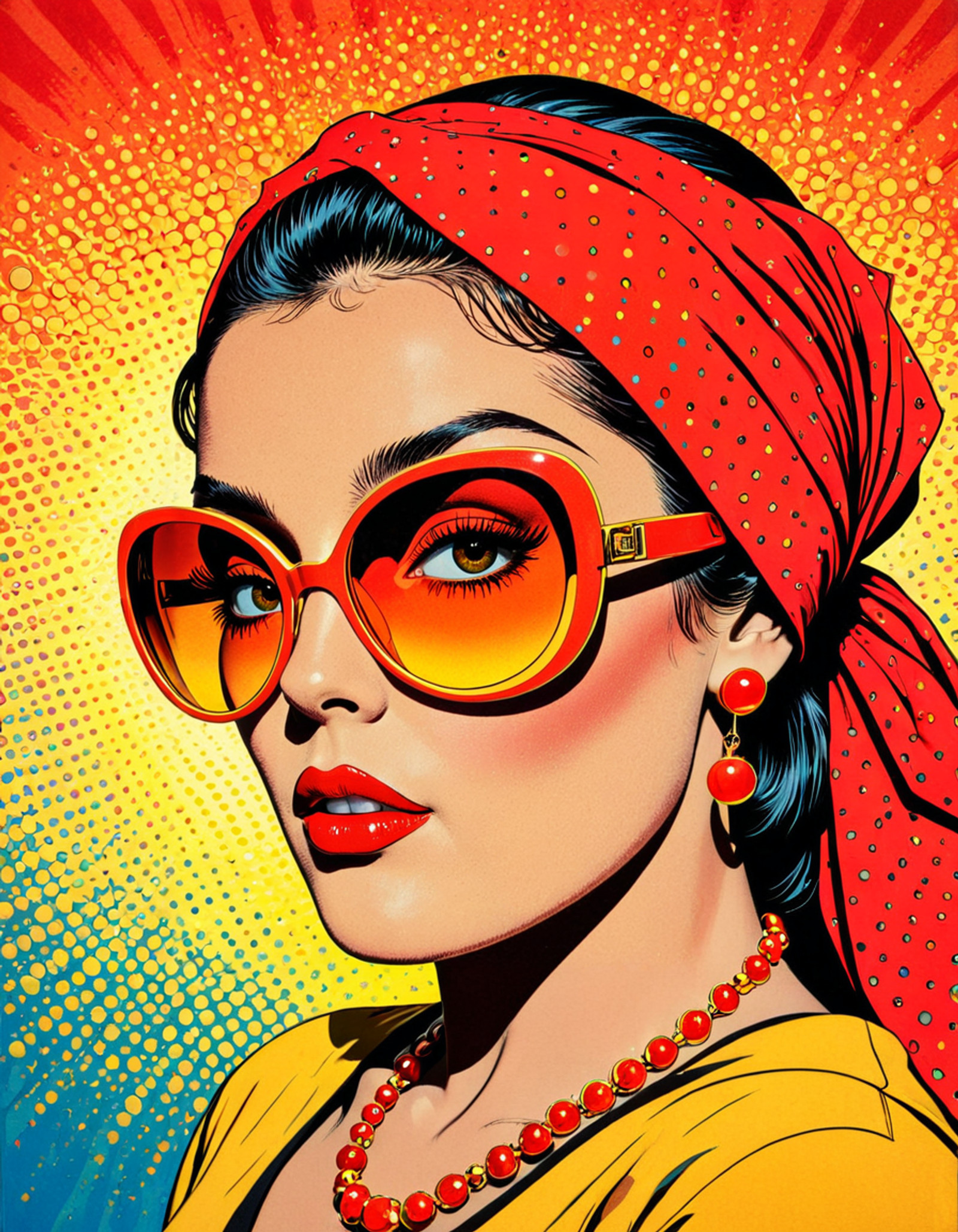 Contemporary comic style pop art, bold-vibrant warm colors, use of traditional & digital mediums, highly imaginative, 
abstract pop art, highly imaginative-rich gradients, Pop style art; stunning & breathtaking Multi-comic book style panel, 
pop art, vibrant & high quality colors, a retro style portrait of a 60âs woman wearing sunglasses & a red bandanna, 
differently colored Pop Art panels, simplistic city backgrou, RvR_Comic_Style, aidmaImageUpgrader, <lora:aidmaImageUpgraderSDXL-v0.3:1>, <lora:rvr_rogue_comic_lora_epoch_merge-001:1>