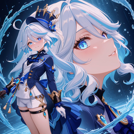 (masterpiece, best quality, amazing quality, very awa, newest, very aesthetic, ultra-detailed, absurdres, 8k), 1girl, furina \(genshin impact\), white hair, short hair, long ponytail, ahoge, ouji fashion, ascot, blue jacket, white shorts, top hat, blue eyes, heterochromia, glowing eyes, (teasing expression, smiling, parted lips, looking at viewer, head tilt) BREAK dynamic pose, dynamic view, dutch angle, from side, profile, (face focus, face close-up:1.4), (abstract background, blue theme, white theme, dark theme:1.4), darkness, negative space, limited palette, ethereal glow, detailed shadows, detailed background, soft lighting, volumetric lighting, soft shading, glowing particles BREAK flowing hair, standing, small breasts BREAK ultra-detailed eyes, high gradient eyes, eye reflection, detailed clothes, soft skin texture, pale skin, soft pink skin, (body blush), (masterpiece:1.4, best quality:1.4, amazing quality, very awa, newest, very aesthetic:1.4, ultra-detailed, absurdres, 8k), catgirlstyle, <lora:Catgirlstyle:0.9>