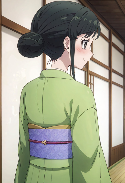    score_9, score_8_up, score_7_up, source_anime, anime_screencap, detailed_face, Blushing cheeks, shy but sweet smile, gazing lovingly, RWLSonoko, black_hair, sidelocks, hair_bun, short_hair, black_eyes, single_hair_bun, swept_bangs,  solo, SonokoKimono, japanese_clothes, green_kimono, obi, purple_sash, wide_sleeves, long_sleeves, updo,  from behind, cowboy shot, <segment:girl's face,0.55,0.2//cid=11> absurdres, masterpiece, detailed face, perfect face, correct face, perfect anatomy, accurate, sharp lines, beautiful, extremely detailed, source_anime, anime screencap, Blushing cheeks, shy but sweet smile, gazing lovingly, RWLSonoko, black_hair, sidelocks, hair_bun, short_hair, black_eyes, single_hair_bun, swept_bangs, 