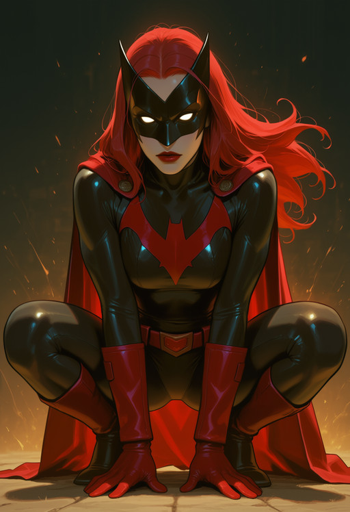 masterpiece, highres, absurdres, newest, year 2025, newest, highres, absurdres, very aesthetic,
, batkate, 1girl, solo, crouching, red hair, long hair, bodysuit, cape, red cape, mask, white eyes, no pupils, gloves, red gloves, belt, red lipstick,
<lora:anima-turbo-lora-v0.1:0.9> <lora:Batwoman Anima:0.9>