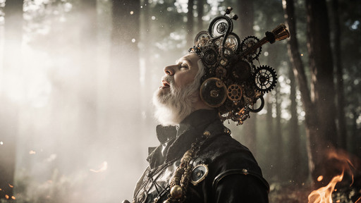science fiction theme side-view photograph of white-toned photo of an abyssal mature steampunk clothed painted screwed up Spanish plump party, singing an opera, in a bright mysterious Forest, intricate black and black and brass Voronoi details, magical, fiery, billowing bright dust, very detailed. <lora:Paper_Marbling_Flux:0.4> <lora:Vividator_epoch_8:0.4>