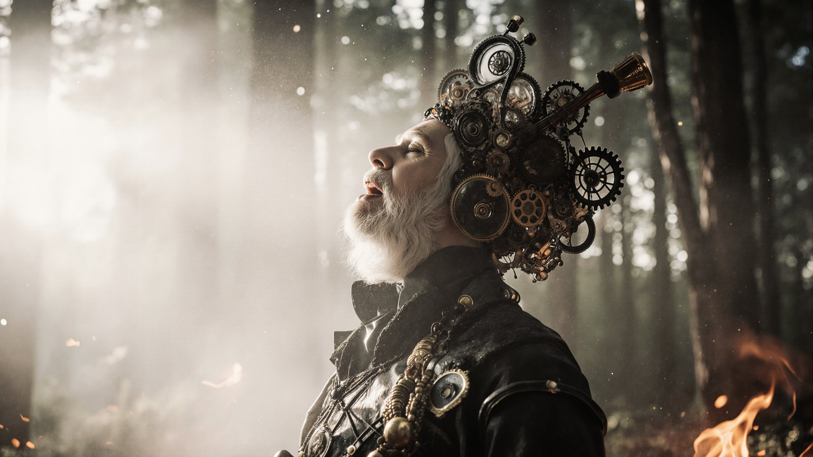 science fiction theme side-view photograph of white-toned photo of an abyssal mature steampunk clothed painted screwed up Spanish plump party, singing an opera, in a bright mysterious Forest, intricate black and black and brass Voronoi details, magical, fiery, billowing bright dust, very detailed. <lora:Paper_Marbling_Flux:0.4> <lora:Vividator_epoch_8:0.4>