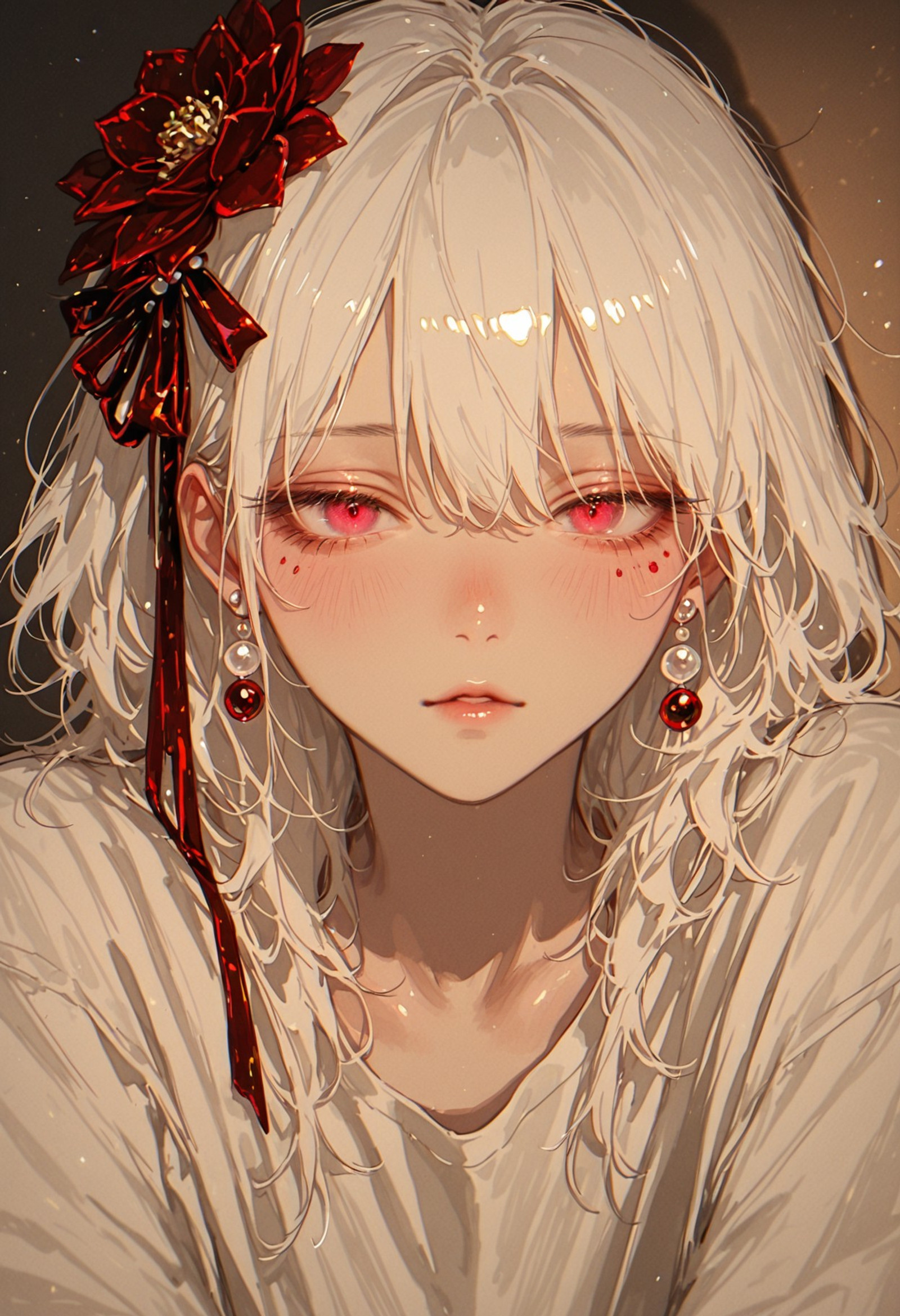 masterpiece, best quality, ultra-detailed, 8k resolution, ma1ma1helmes_b_illu,sketch, XUER guangying, high dynamic range, absurdres, stunningly beautiful, intricate details, sharp focus, surreal profile, cinematic color grading, high-resolution texture, realistic, adult woman, solo, newest, 32k skin texture, beautiful skin, looking at the viewer, 1girl, solo, close-up,
long white hair, slightly messy hair,
soft red eyes, half-lidded eyes,
glossy lips, small beauty mark under eye,
flushed cheeks, dewy skin,
White T-shirts,
delicate ribbon details,
pearl earrings,
Red floral hair accessory, gold inner floral,
resting head on folded arms,
intimate pose, gentle gaze,
warm low light,
soft shadows,
romantic atmosphere,
masterpiece, best quality