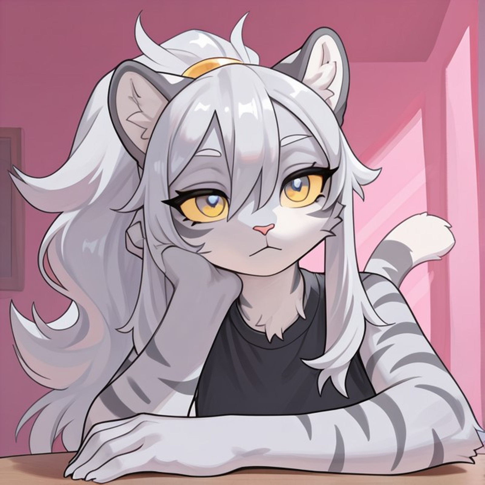 (masterpiece,best quality,amazing quality:1.2),very aesthetic,absurdres,highres,newest,ray tracing,attentive 8k,original,HDR colours,raw, pastel color, 1female furry, 1girl cat tiger , furry, gray and white mix long fluffy hair,gray and wirhe mix fur, gray stripes, tail, furry, matching pattern, anthro cat, gray and withe mix cat tiger, bright honey eyes, (yellow sclera)