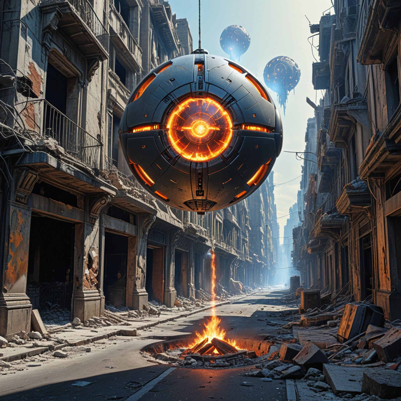 A Cybernetic Robotic Fire Orb hovers above a ruined city street, Smooth Quality, ArsMJStyle, Colored pencil hyperdetailed realism , <lora:clear:1>, <lora:FF.101.juggernautXL_version6Rundiffusion.LORA:0.7>, <lora:Hyperdetailed_Colored_Pencil:0.6>, <lora:SDXLDetailer:1>,
