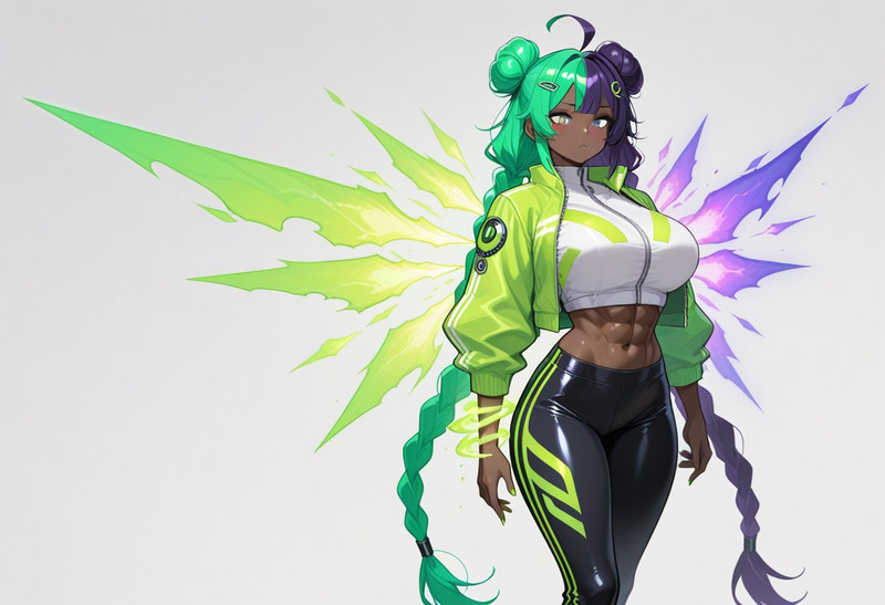 masterpiece, best quality, newest, high-res, absurd-res, (1 girl), solo, dark skin, heterochromia, neon green 
