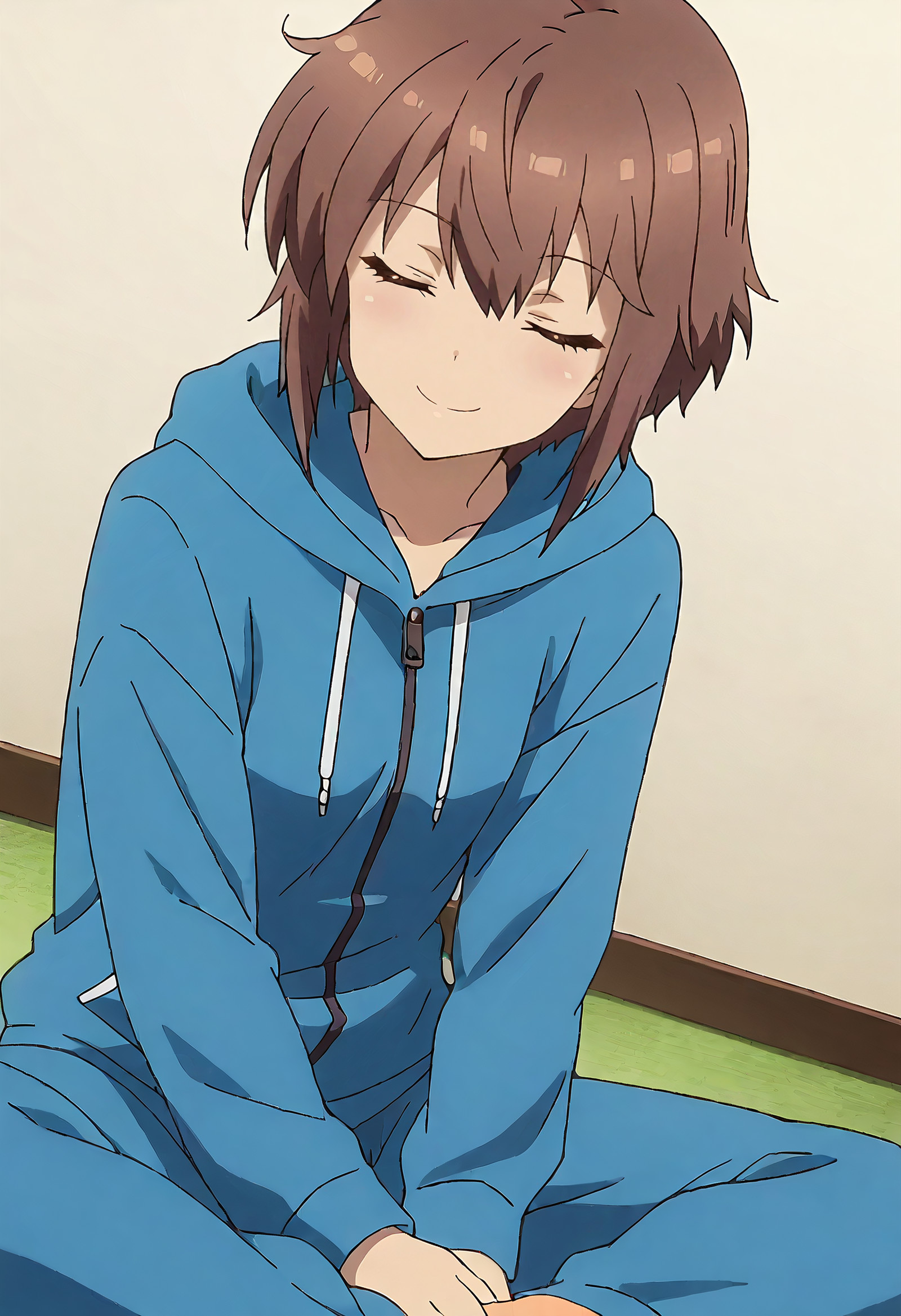    score_9, score_8_up, score_7_up, source_anime, anime_screencap, detailed_face, Eyes closed, soft smile, resting head on partner’s shoulder, TNMKanami, short_hair, brown_hair, brown_eyes, hair_between_eyes,  solo, KanamiHoodieB, hood, long_sleeves, hoodie, pants, barefoot, hood_down, blue_pants, pajamas, blue_hoodie, track_pants, zipper_pull_tab,  dynamic angle, dynamic pose, <segment:girl's face,0.55,0.2//cid=11> absurdres, masterpiece, detailed face, perfect face, correct face, perfect anatomy, accurate, sharp lines, beautiful, extremely detailed, source_anime, anime screencap, Eyes closed, soft smile, resting head on partner’s shoulder, TNMKanami, short_hair, brown_hair, brown_eyes, hair_between_eyes, 