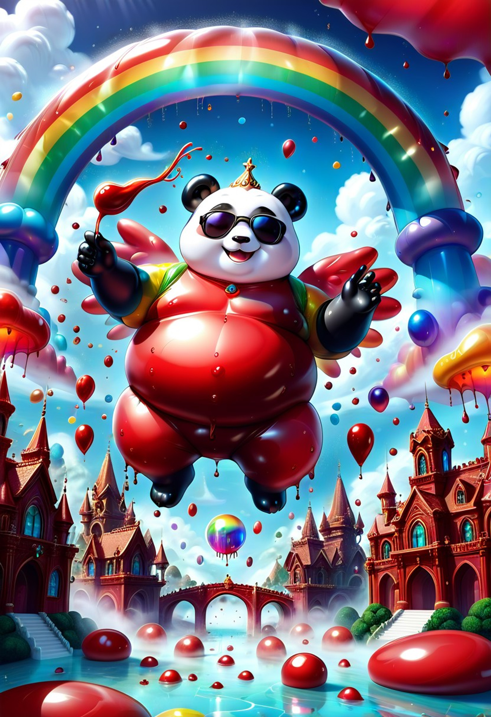 dripping, raining, constellations, Blood for the Blood God, made of inflatables, made of inflatable ketchup candy rainbow made of inflatable, flying thru the inflatable, clouds, smokin a pipe, cute laughing hippie oversized fat, chubby panda inflatable, with sunglasses with inflatable, opals wings, wearing inflatable, opals elaborate made cloths, t-shirt, vest, armor, pants made of ketchup opals, gemstones, Iridescence inflatable rainbow clouds, floating Iridescence inflatable castle, steam, mist, explosions, inflatable ketchup gemstones bridge, gemstones inflatable ketchup golden gates, Iridescence Opalescence inflatable ketchup design, built of pieces Iridescence Opalescence inflatable Blood for the Blood God theme
