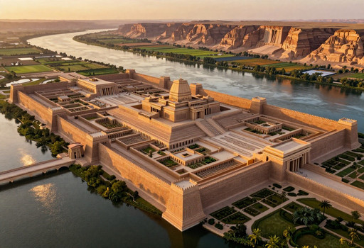 Photorealistic Mesopotamian mythology-inspired cityscape at sunrise, magnificent ancient mudbrick city rising between vast twin rivers, monumental stepped terraces, grand canals reflecting golden light, intricately planned streets and courtyards, towering baked-clay architecture with geometric forms, lush riverfront gardens, massive defensive walls integrated into the landscape, fertile floodplains stretching to the horizon, dramatic sandstone cliffs in the distance, rich earth-tone palette of ochre, bronze, and deep amber, authentic ancient Near Eastern atmosphere, ultra-detailed textures, cinematic composition, breathtaking depth, HDR, masterpiece architectural photography, no people, no animals, no living beings, no ruins, no statues, no symbols, no inscriptions, no artifacts, no magic, no fantasy creatures, no supernatural elements.