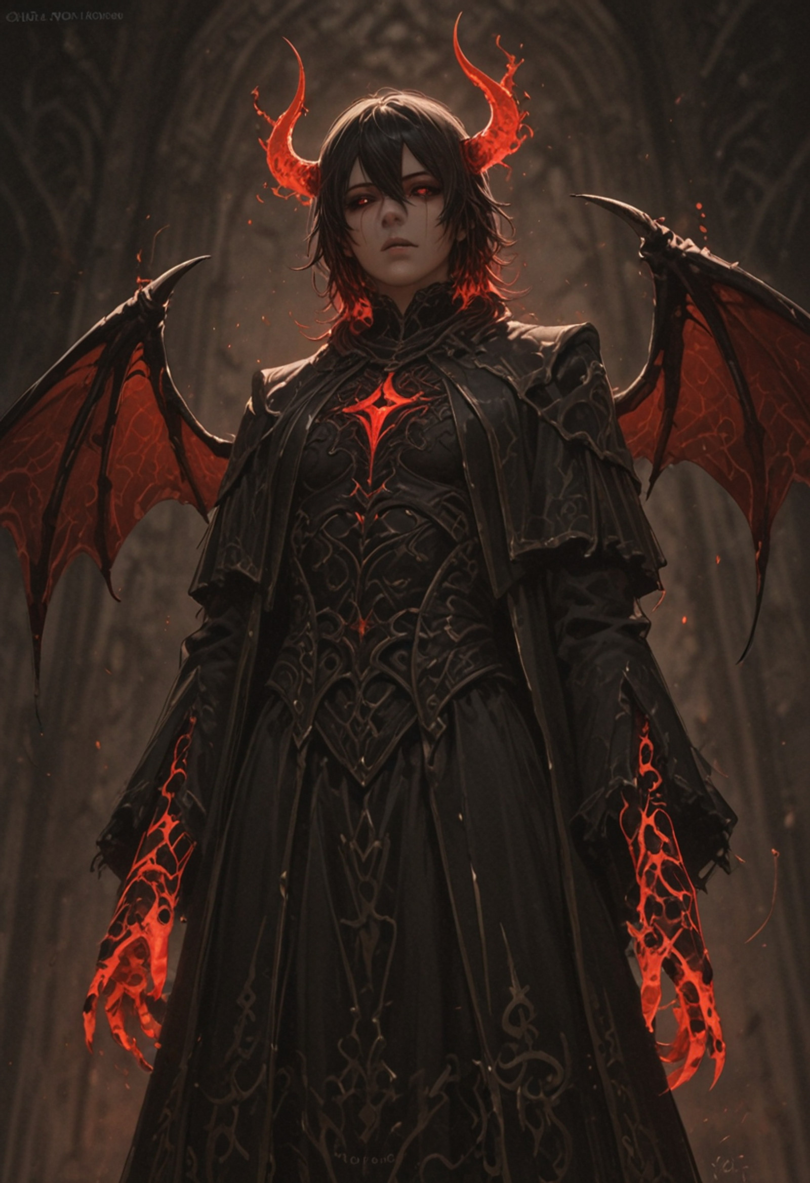 masterpiece, best quality, newest, very aesthetic, absurdres, 
blurry background, depth of field, 
solo, 1boy, , black hair, red shining eyes, red flaming eyes, demon wings, devil horns, black sclera, dark red cultist outfit,
dark library background,  character concept, dark library background,  character concept, black tears, hair between eyes,
casting a fire spell,