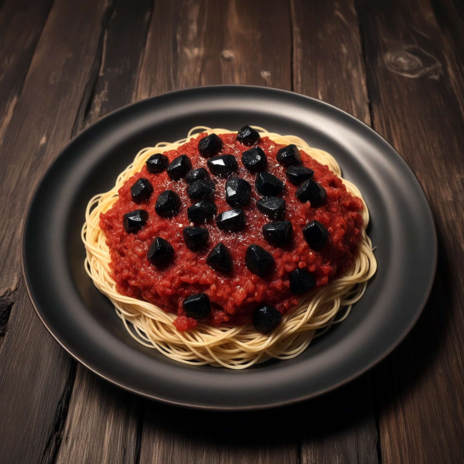 photo of spaghetti dish. red black crystal gems are in it. it is on a wooden table. rp_slgd. <lora:xl_rpr_soulgemmed_v1:0.75>